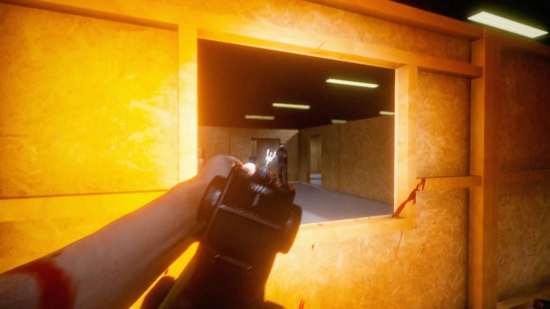 Fracture Point: First-person shooting through a wooden window in a dimly lit, industrial building interior.