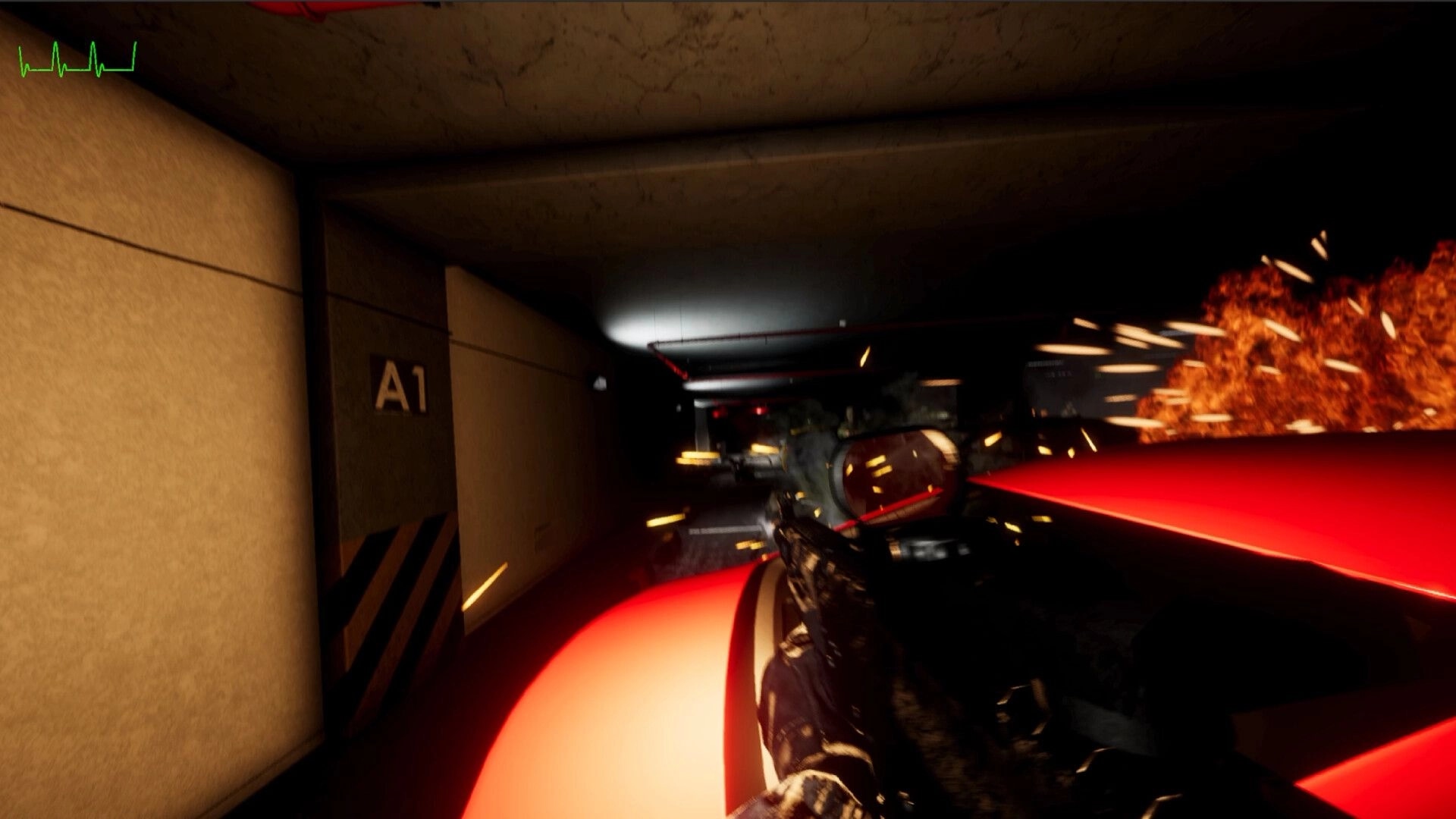 Fracture Point: First-person view shooting in a dimly lit hallway with explosions and gunfire effects