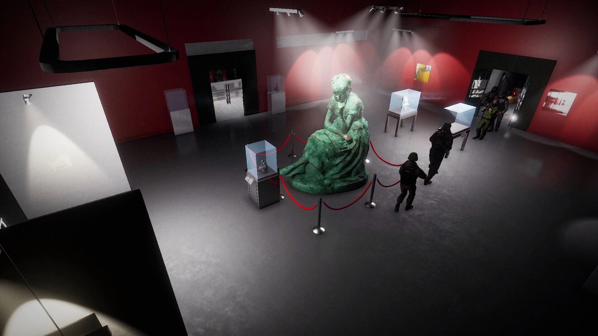 Fracture Point: Tactical team moves through dimly lit gallery with large sculptures and display cases