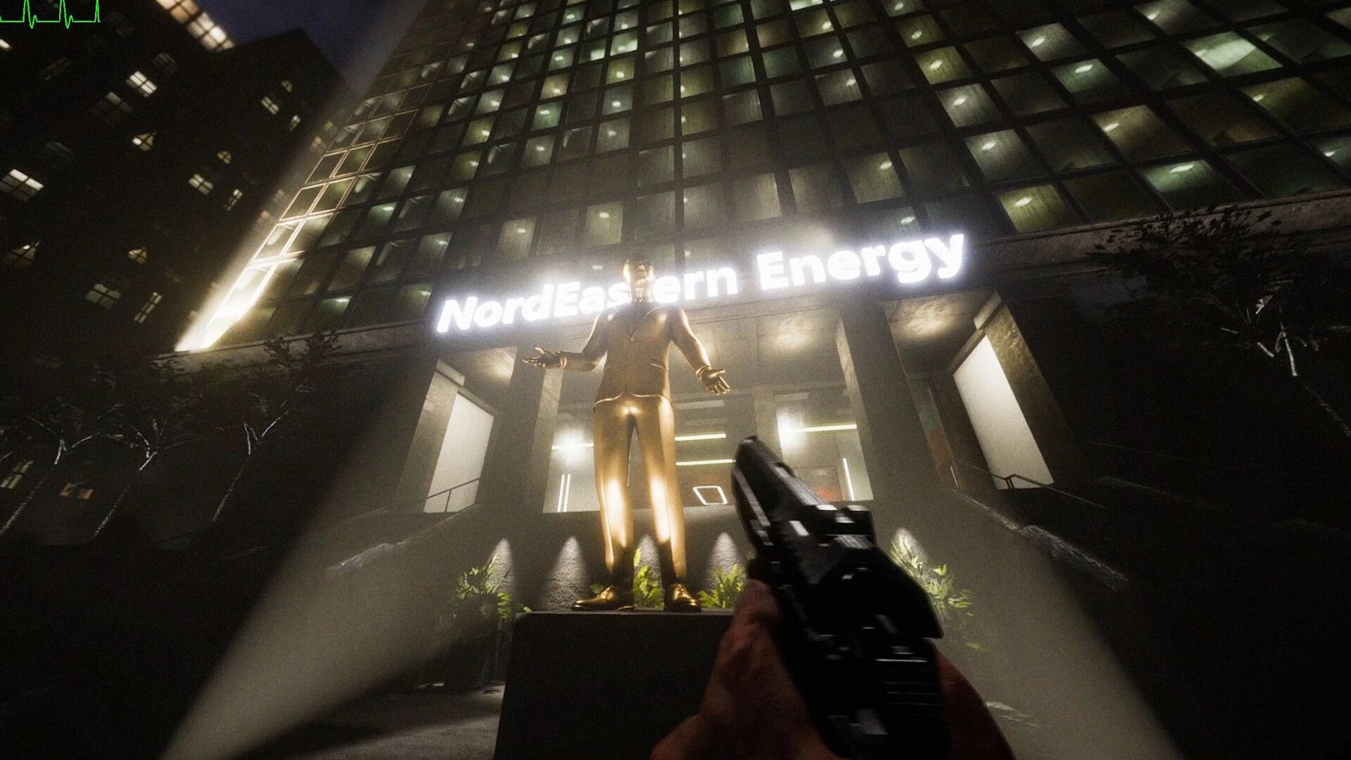 Fracture Point: Player aims gun at golden statue outside NordEastern Energy skyscraper at night.