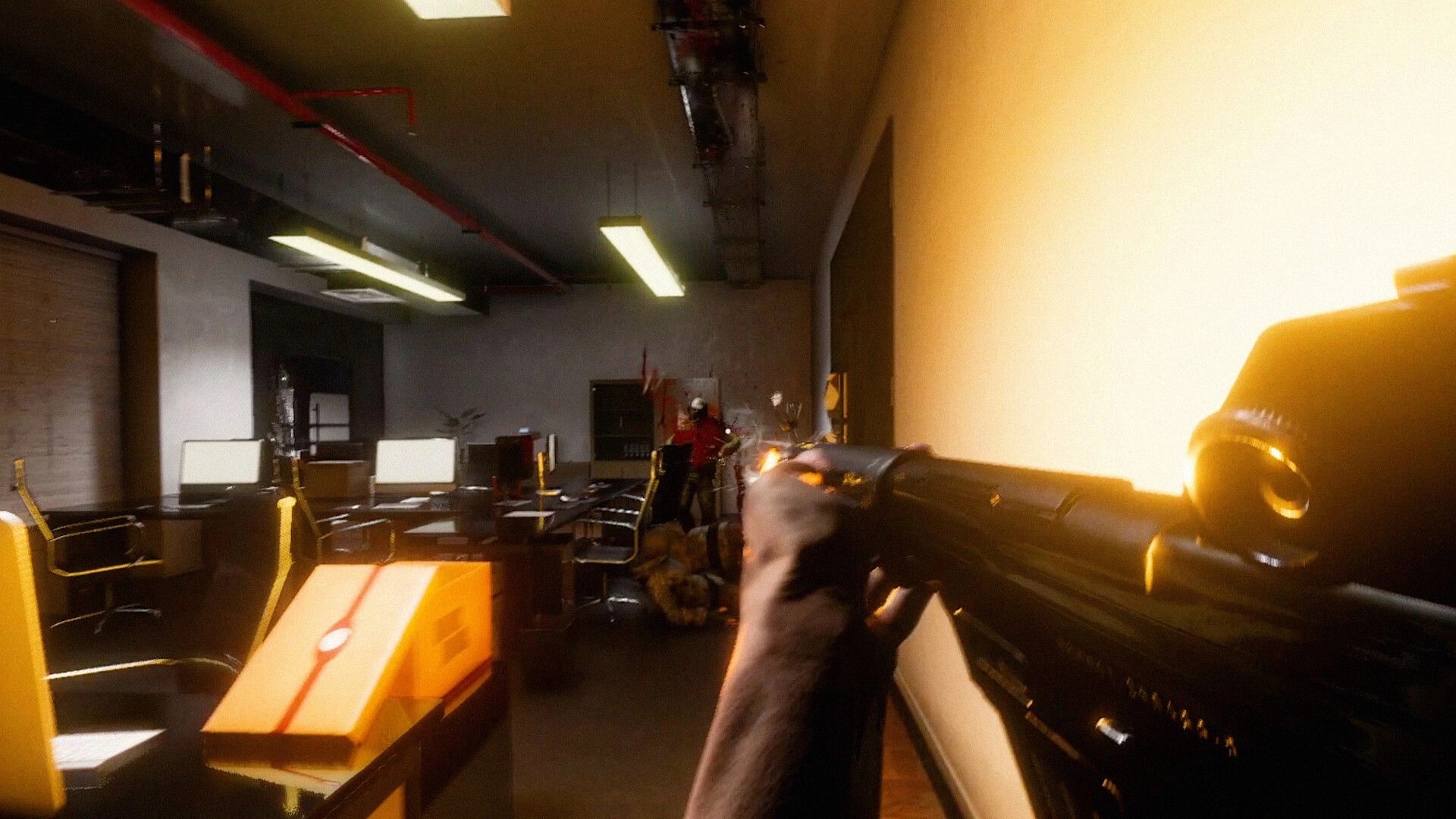 Fracture Point: First-person shooting in dimly lit office with desks, monitors, and enemy in red jacket