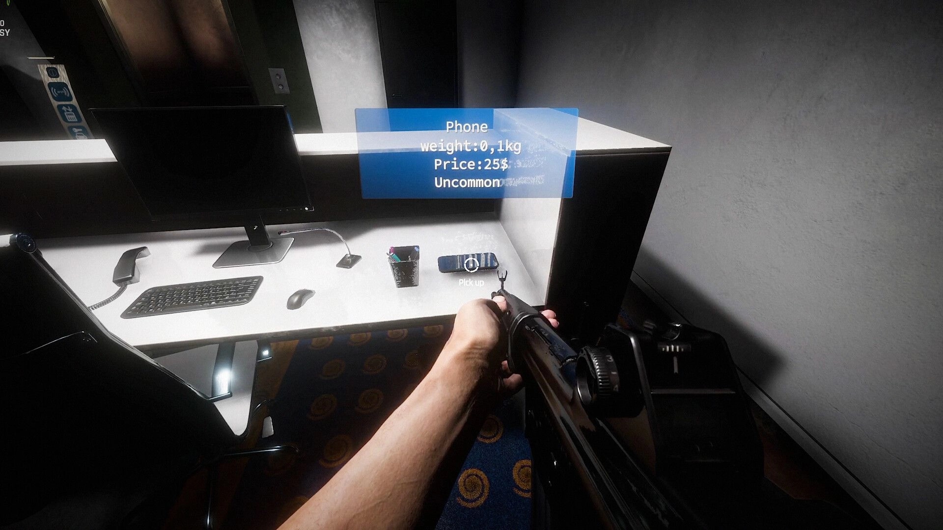 Fracture Point: Player aims gun at desk with computer, phone, and item info overlay in dim office setting
