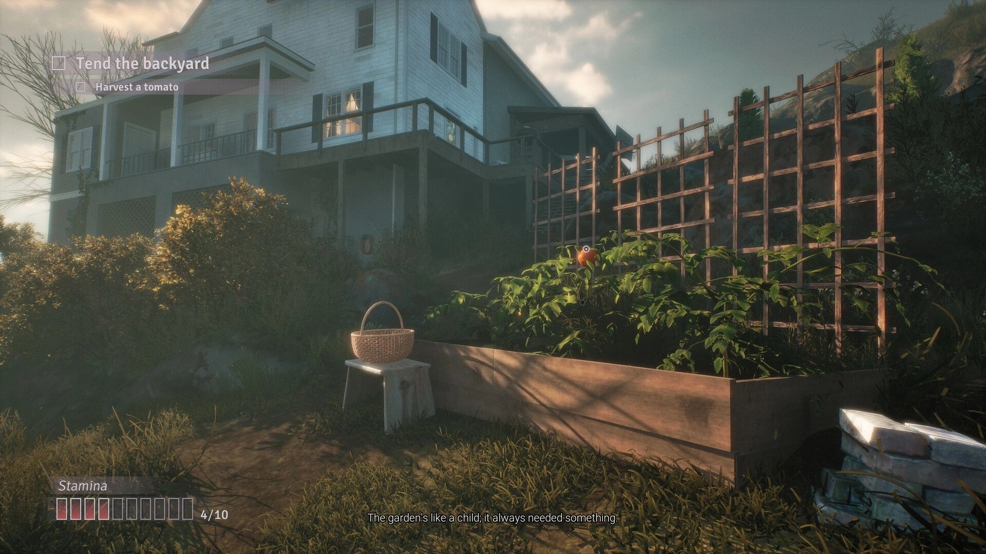 Fractured Blooms: Backyard gardening task visible with tomato plants near a white house and stamina bar.