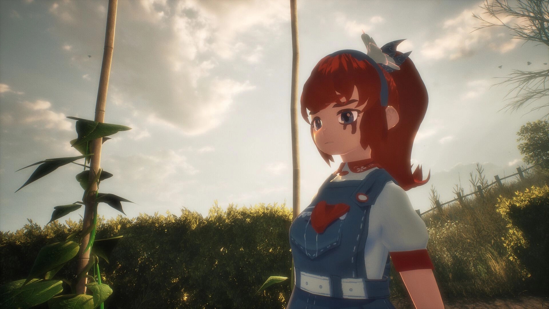 Fractured Blooms: Red-haired girl in denim overalls stands in sunlit garden, surrounded by lush foliage.