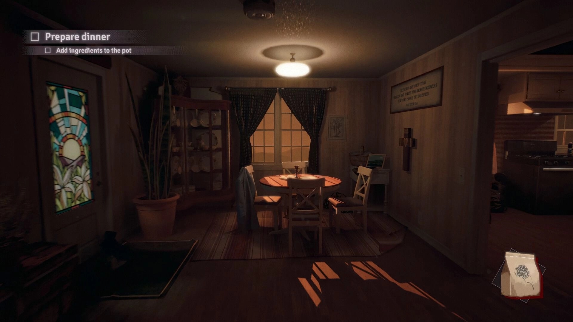 Fractured Blooms: Dining room scene with task list, stained glass door, and dimly lit kitchen entrance.