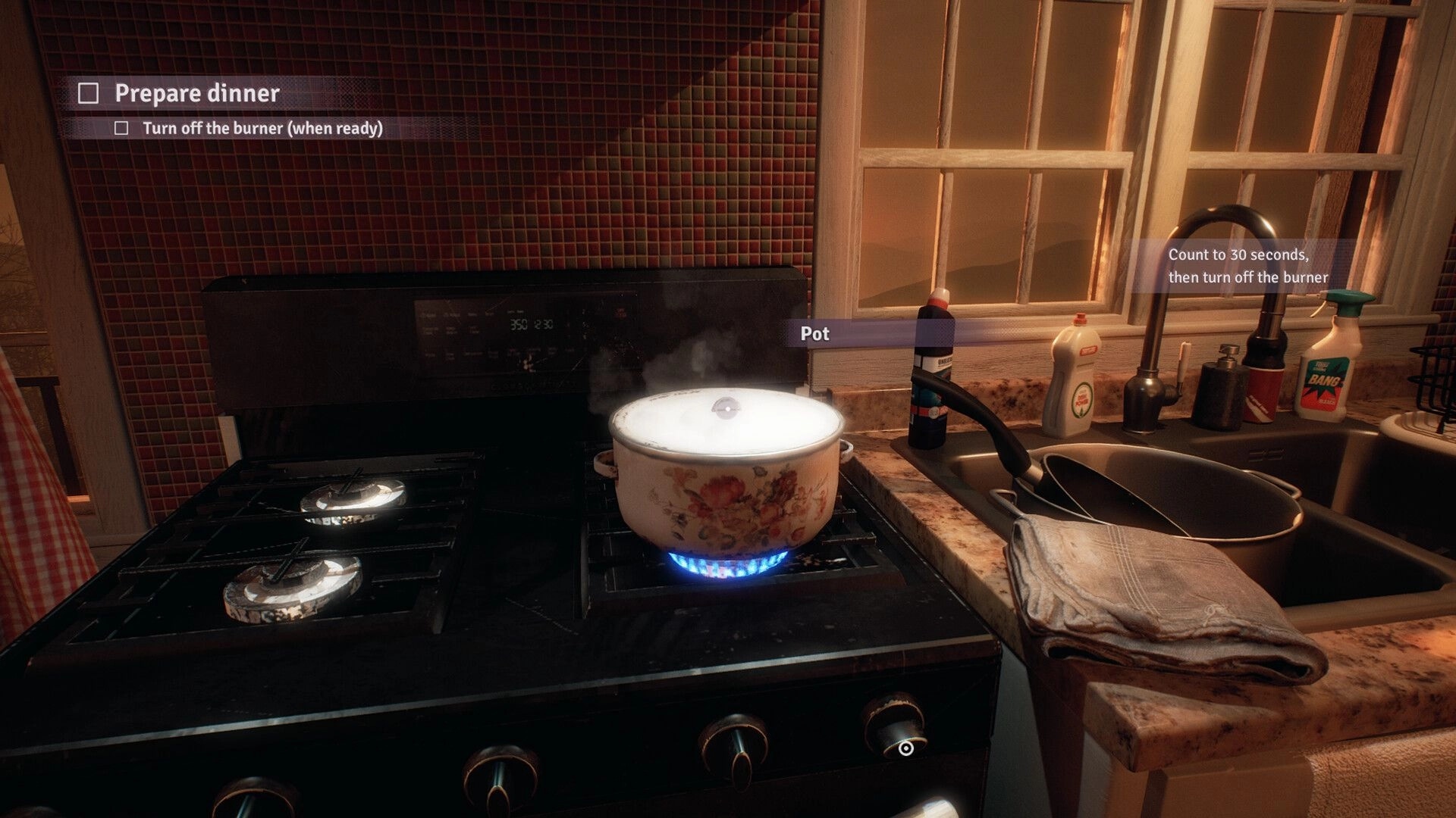 Fractured Blooms: Pot boiling on stove in cozy kitchen, UI prompts to prepare dinner and turn off burner