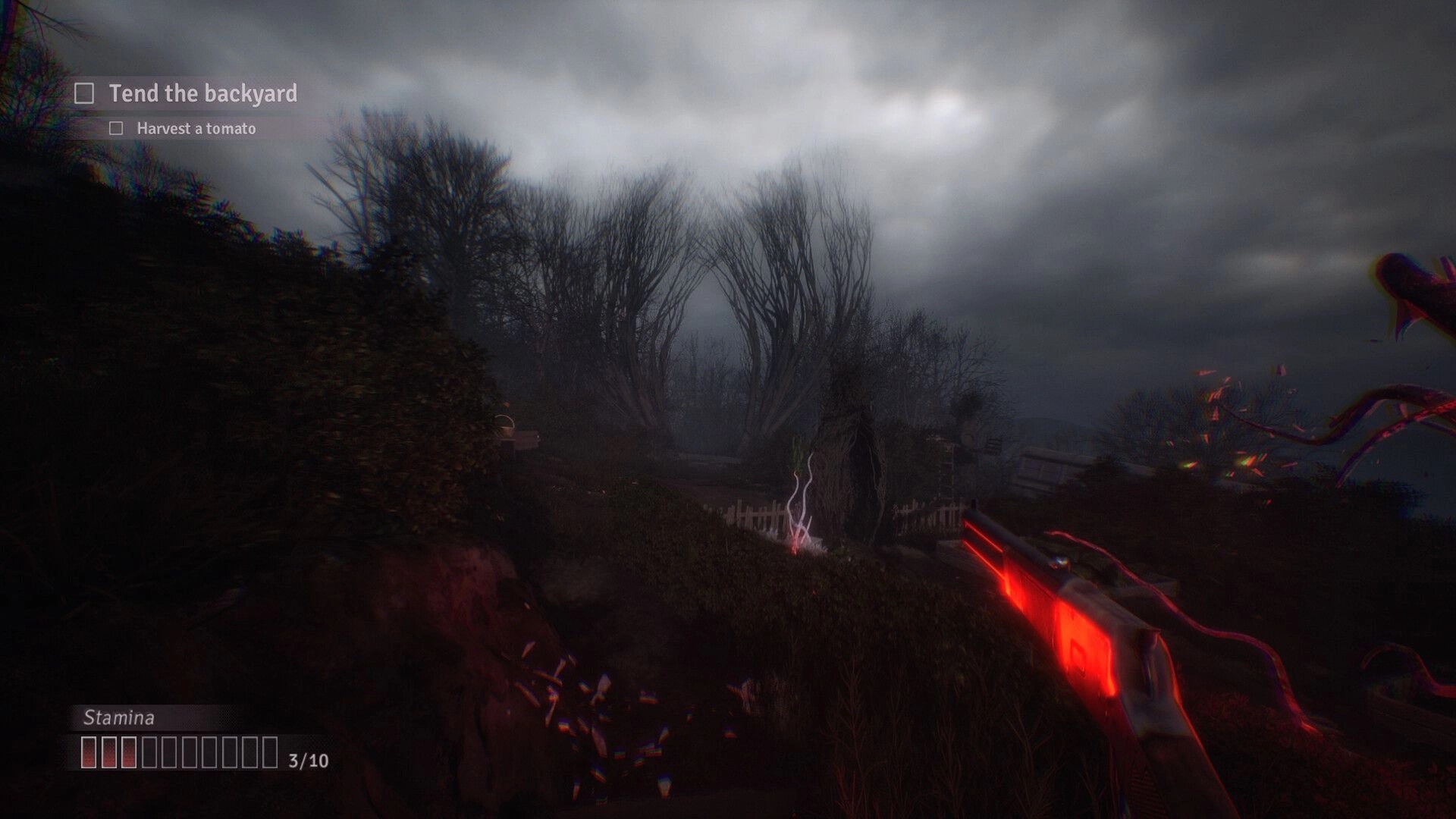 Fractured Blooms: Player aims glowing weapon in eerie backyard with task list to "Tend the backyard."