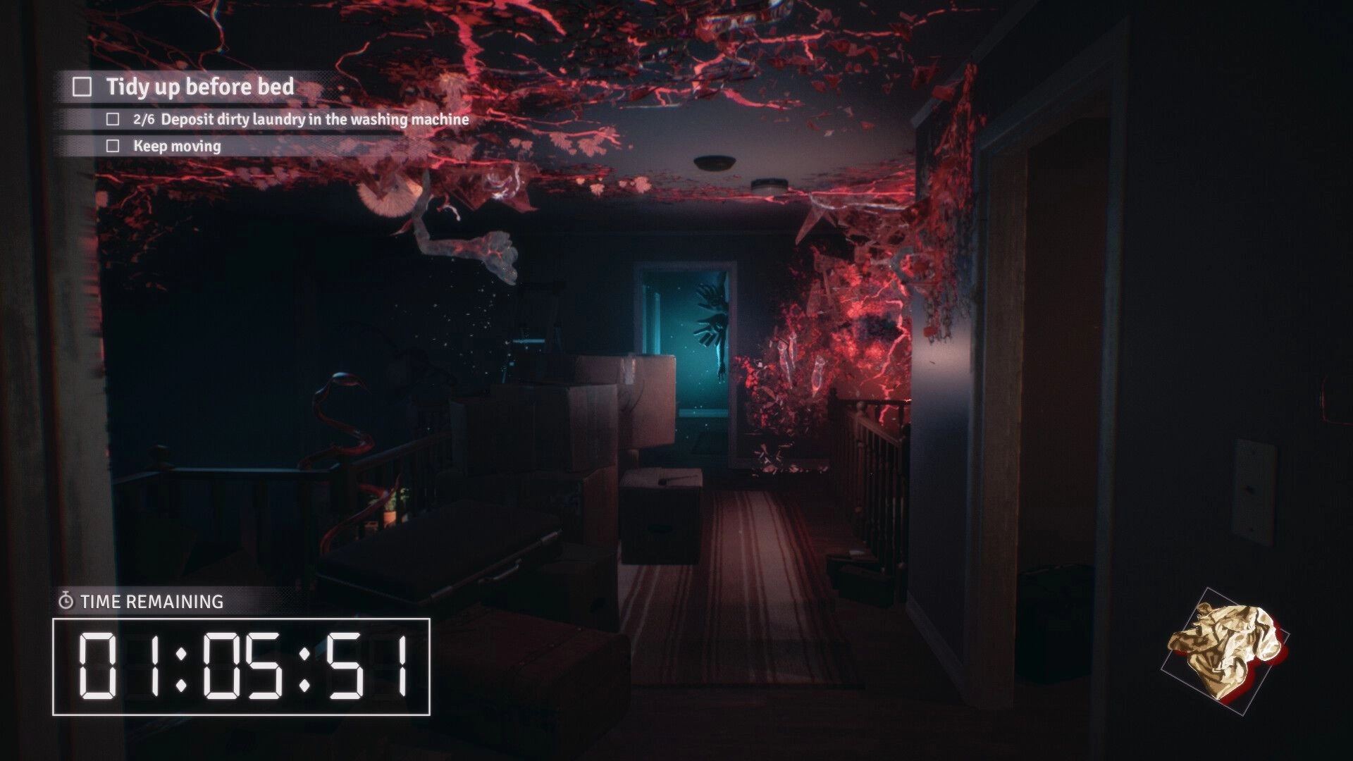 Fractured Blooms: Corridor with red tendrils and task list, time-loop countdown at bottom left