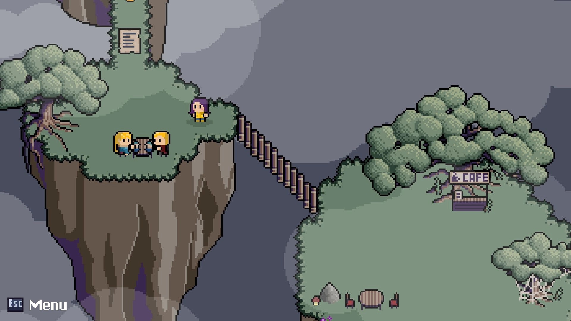 Fractured Library: Two characters chat on cliffside near a tree, with a bridge leading to a cafe sign.