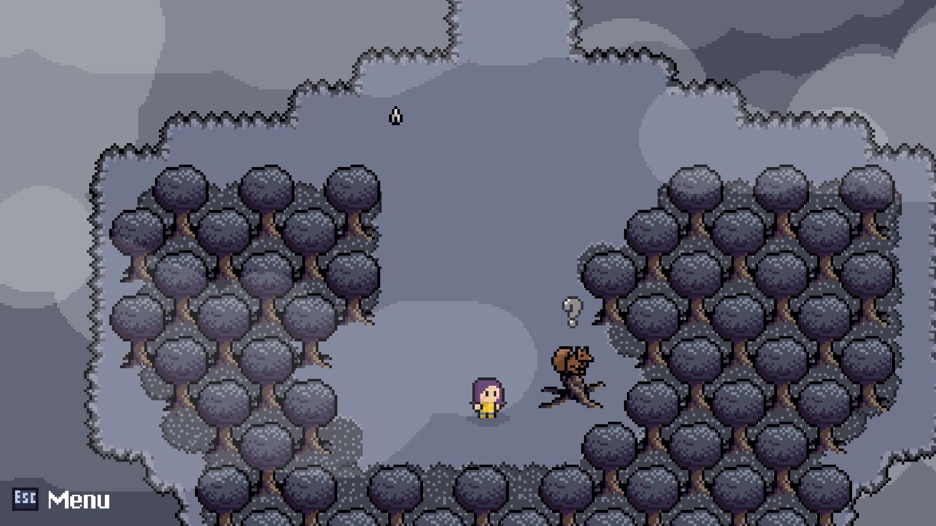Fractured Library: Player character encounters a curious tree creature in a foggy forest clearing.