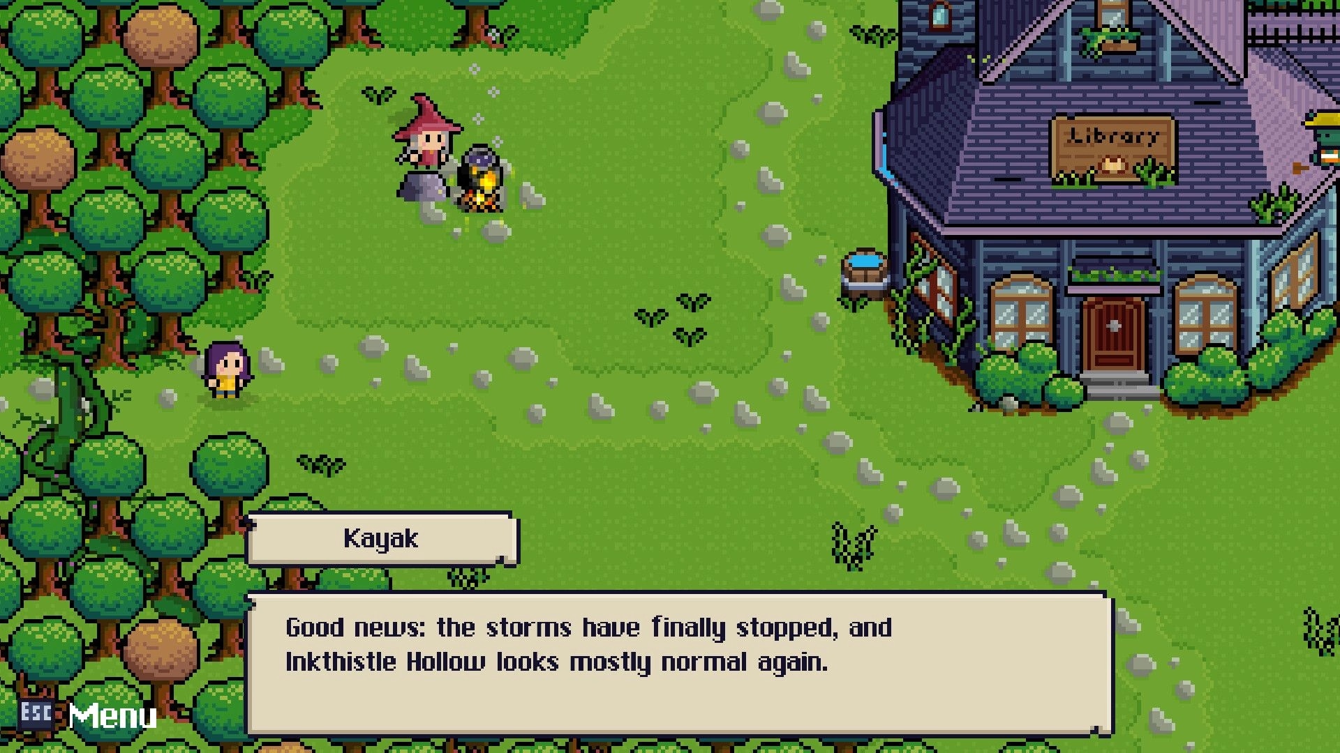 Fractured Library: Kayak and character talk near forest path beside library with dialogue box visible.