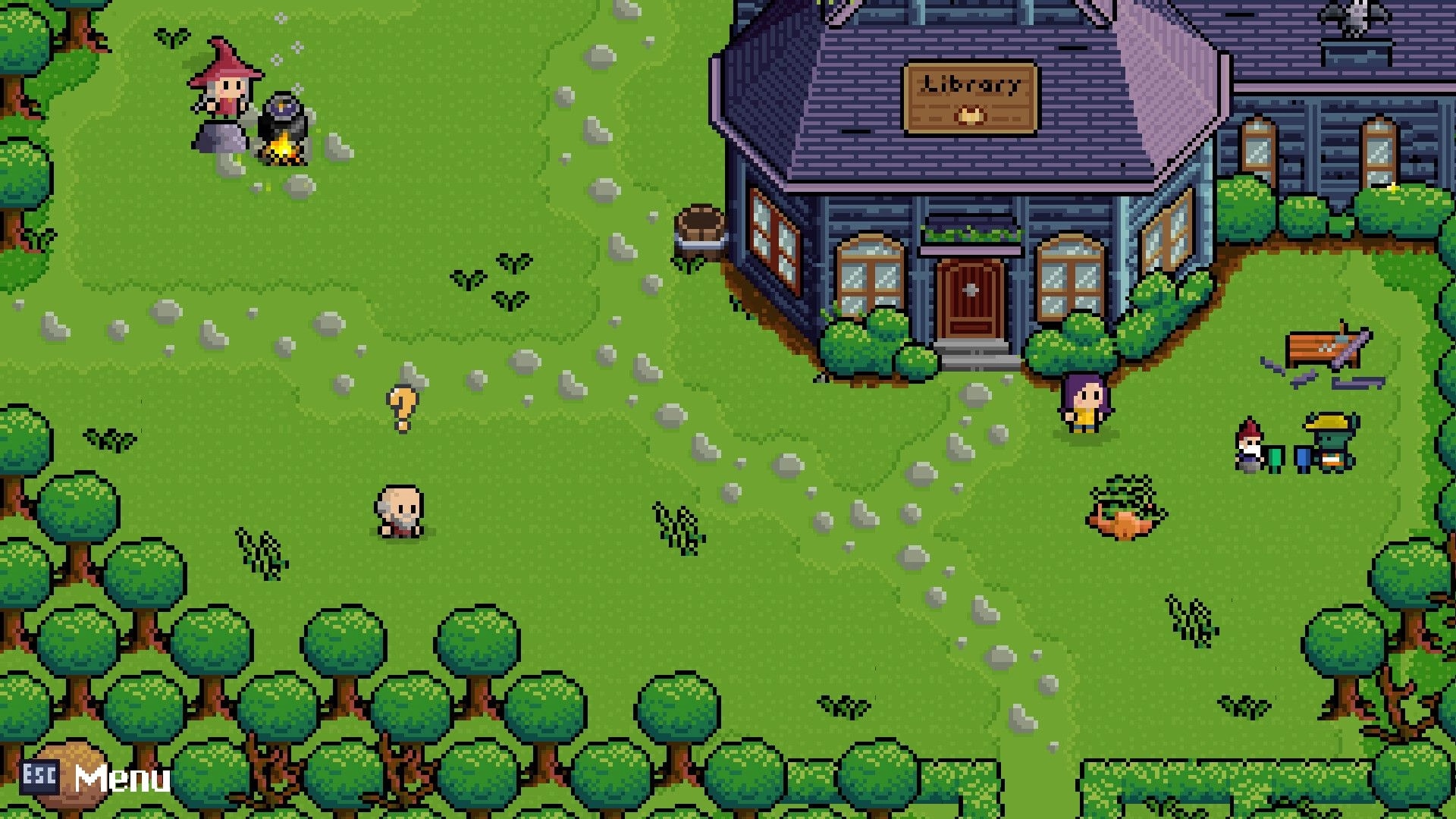 Fractured Library: Characters explore library exterior with NPCs and a campfire in lush, pixelated forest.