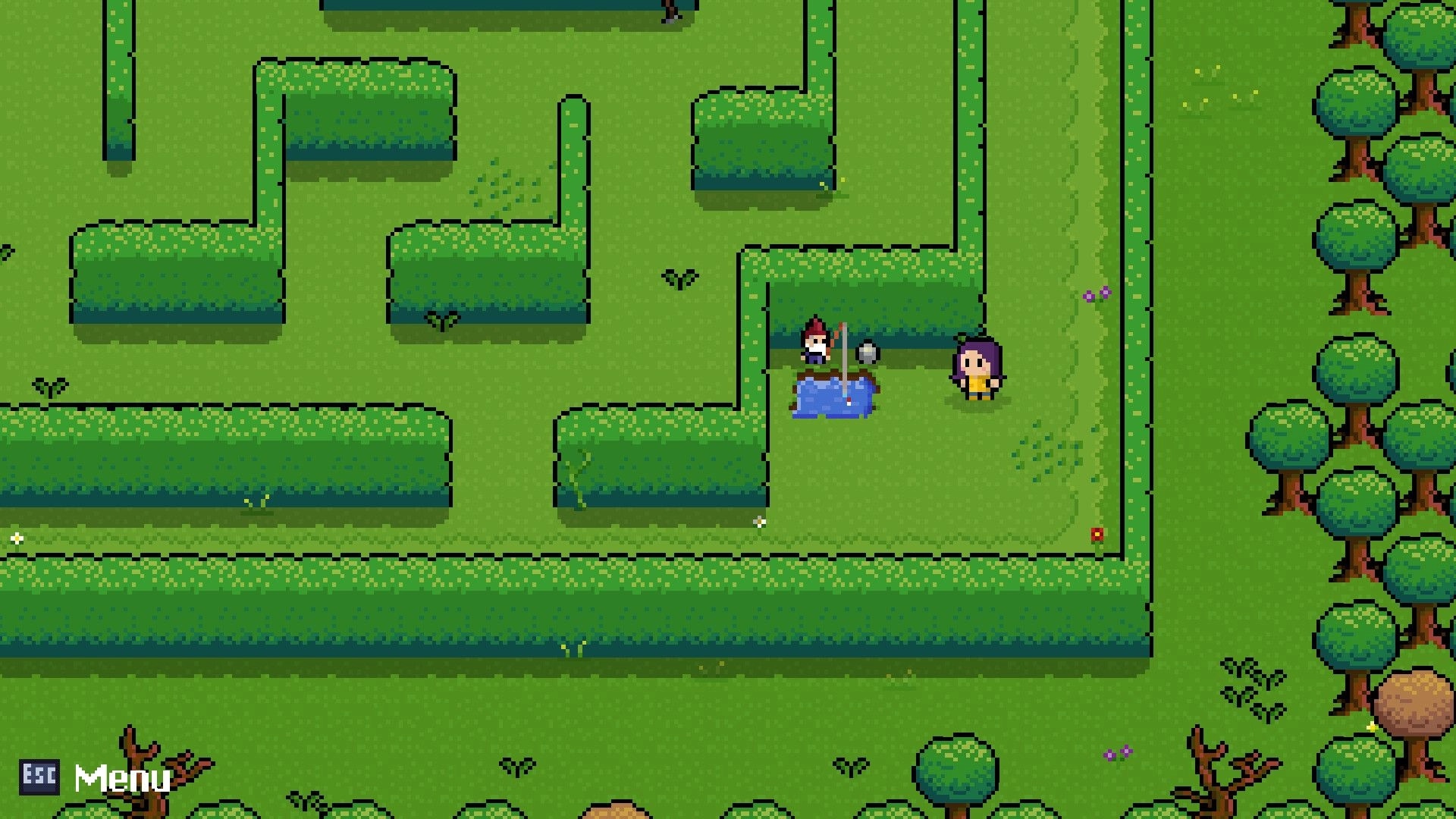 Fractured Library: Two characters navigate a hedge maze with trees and a small pond in a pixel art style.