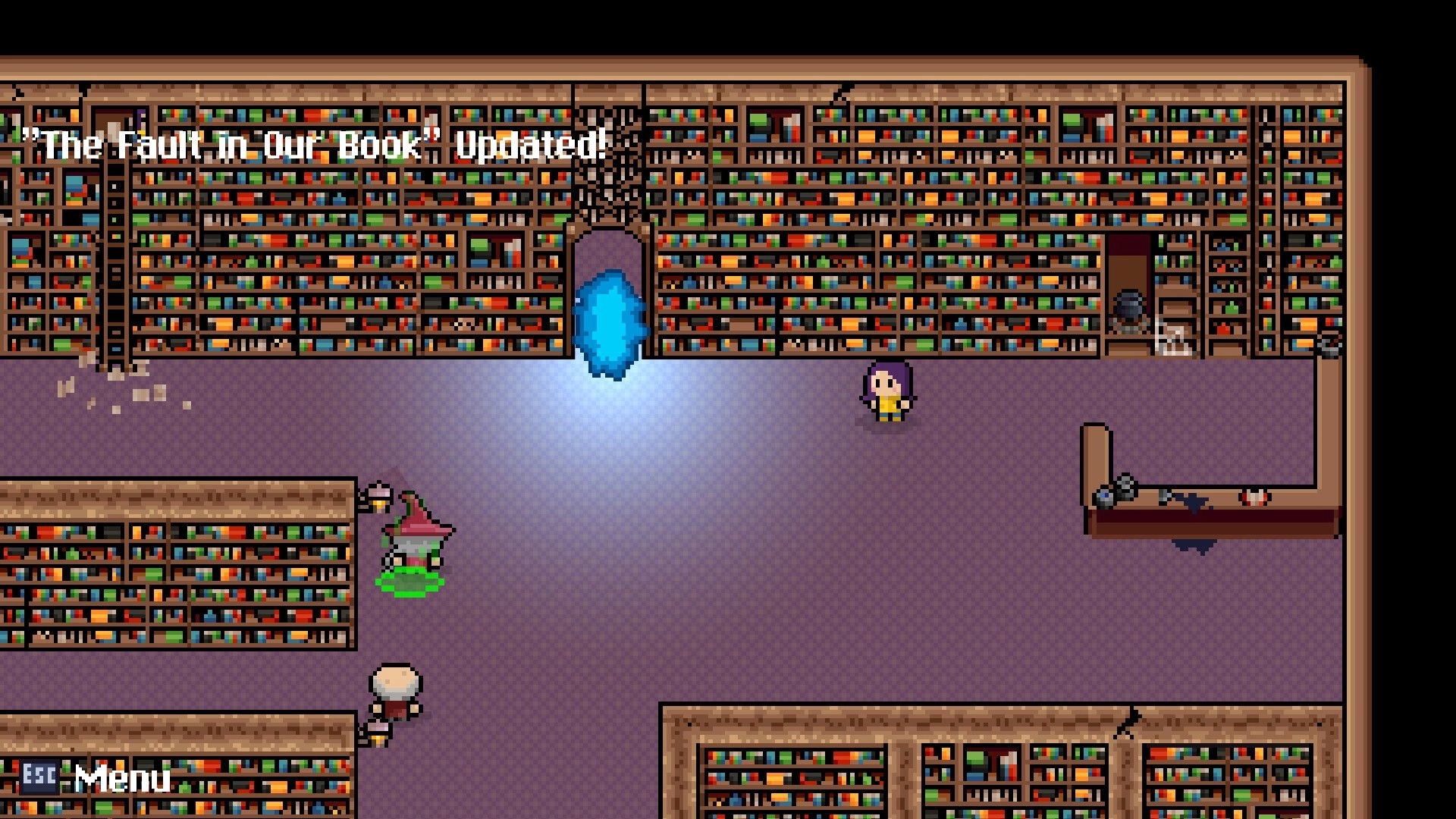 Fractured Library: Character stands near glowing portal in vast library with books and ladders