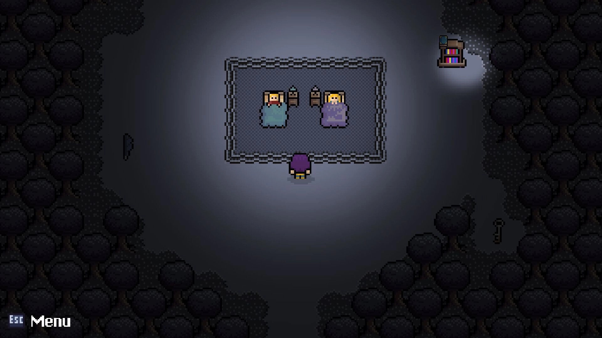 Fractured Library: Character stands in dark forest clearing with key and two sleeping figures nearby