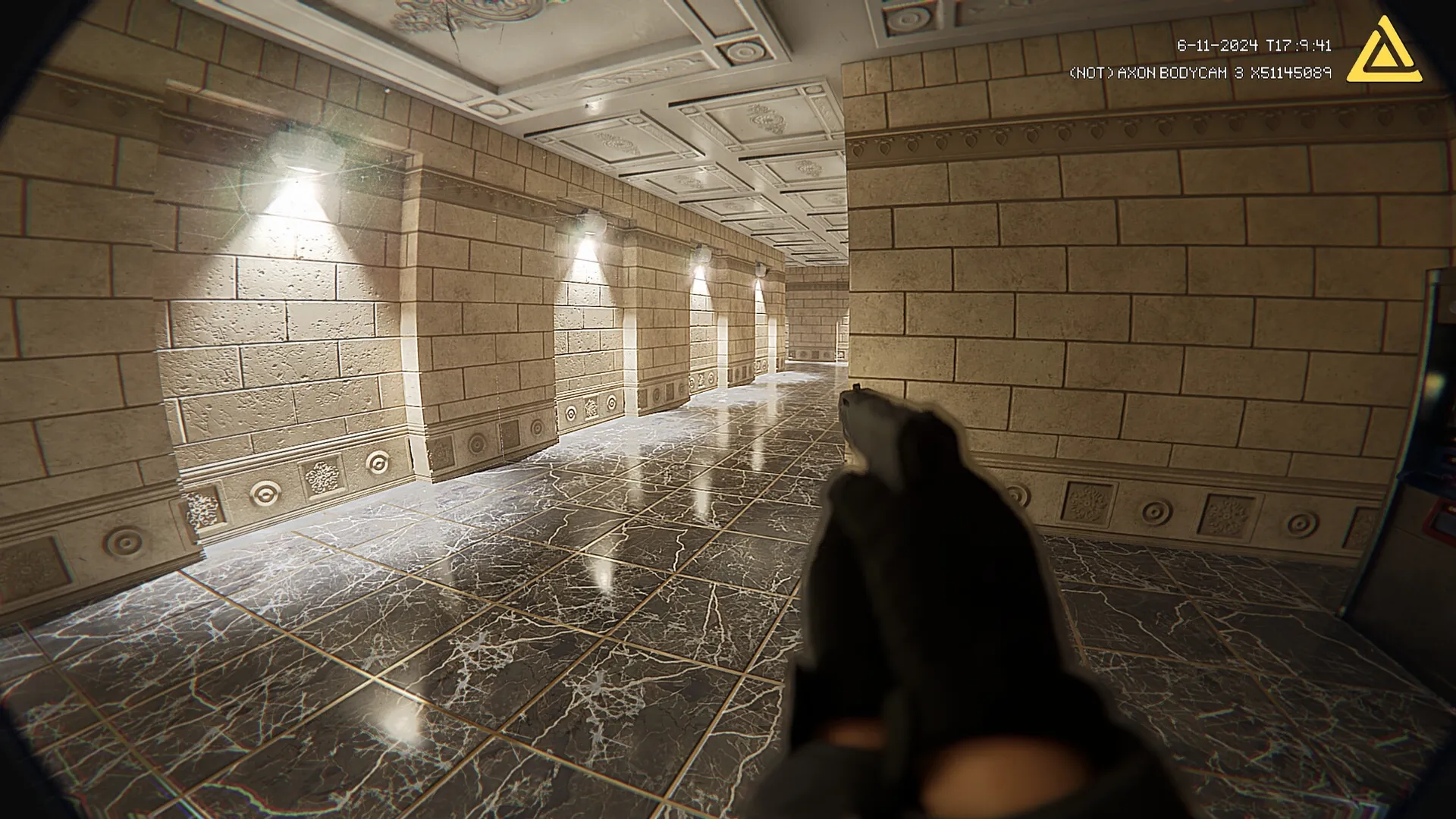 Fractured Mind: Player holding gun in ornate hallway with marble floor, bodycam HUD in upper corner