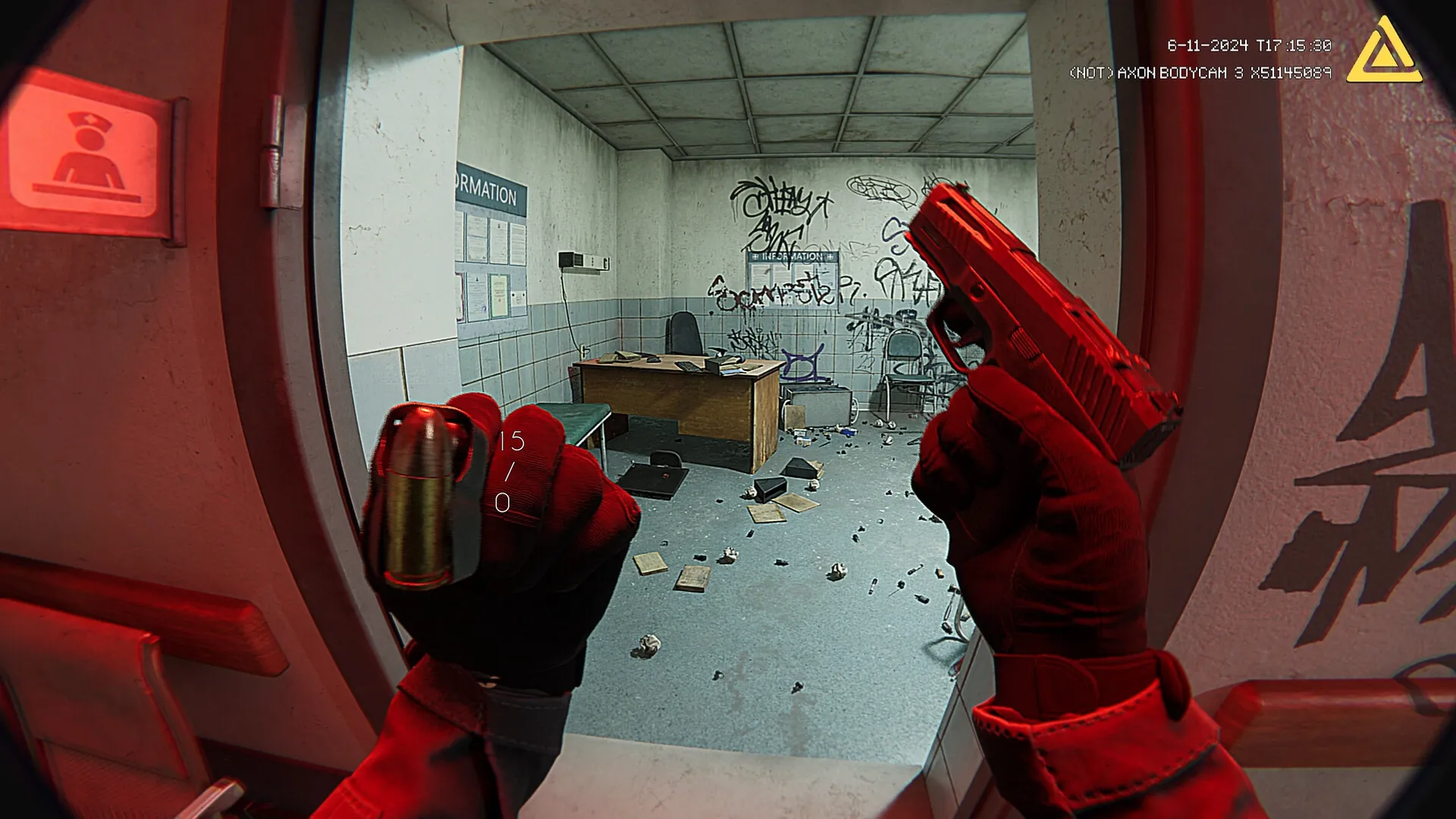 Fractured Mind: Player holds a red pistol in a graffiti-covered office with scattered papers and debris