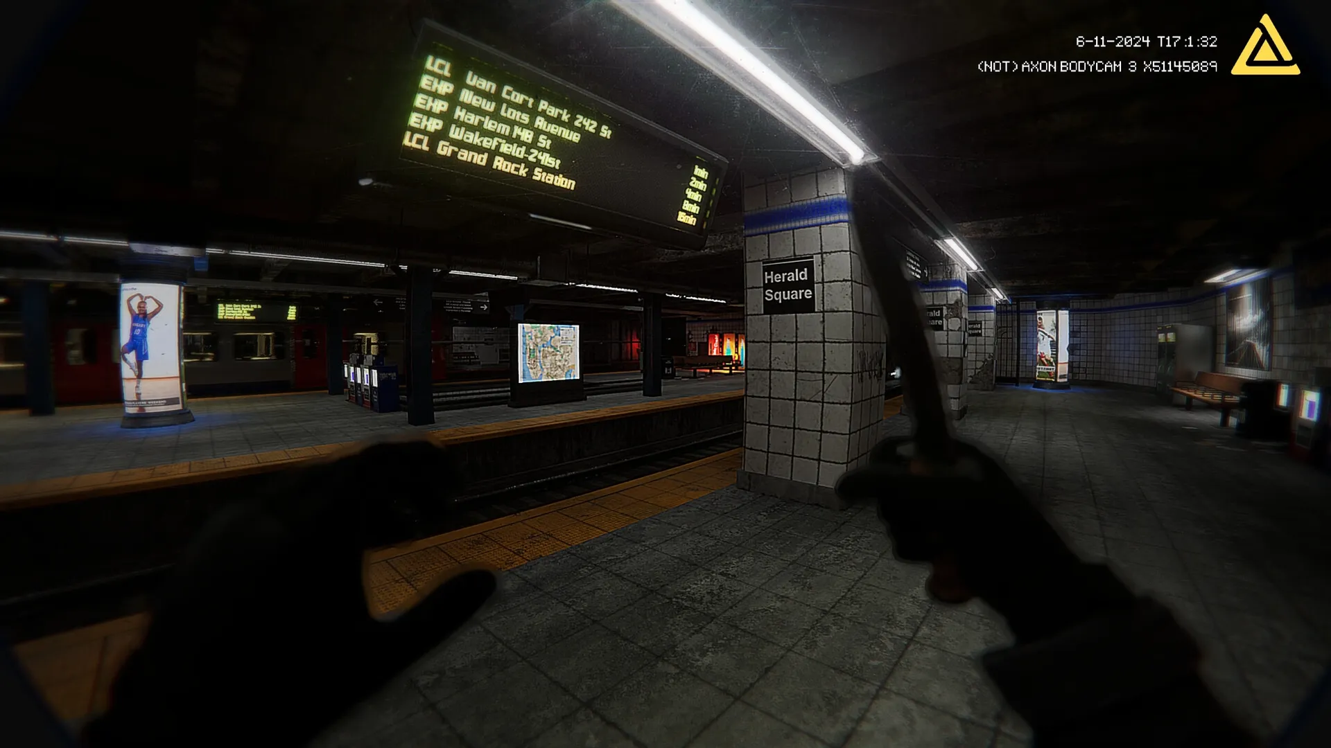 Fractured Mind: Player holds knife in dimly lit subway station at Herald Square, eerie atmosphere present
