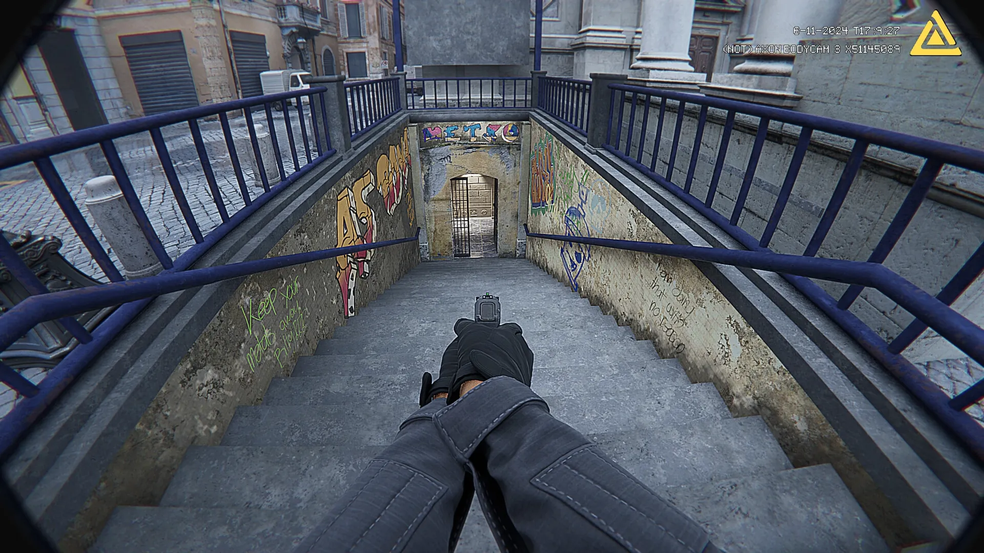 Fractured Mind: First-person view aiming down stairs in graffiti-covered urban alleyway