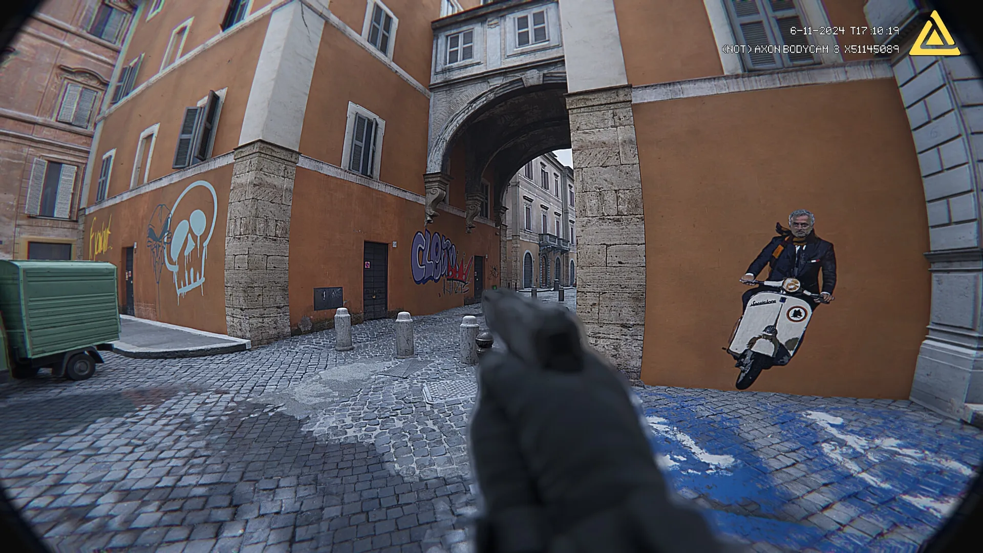 Fractured Mind: Player aims a gun in a cobblestone alley with graffiti and archway under a bodycam overlay.