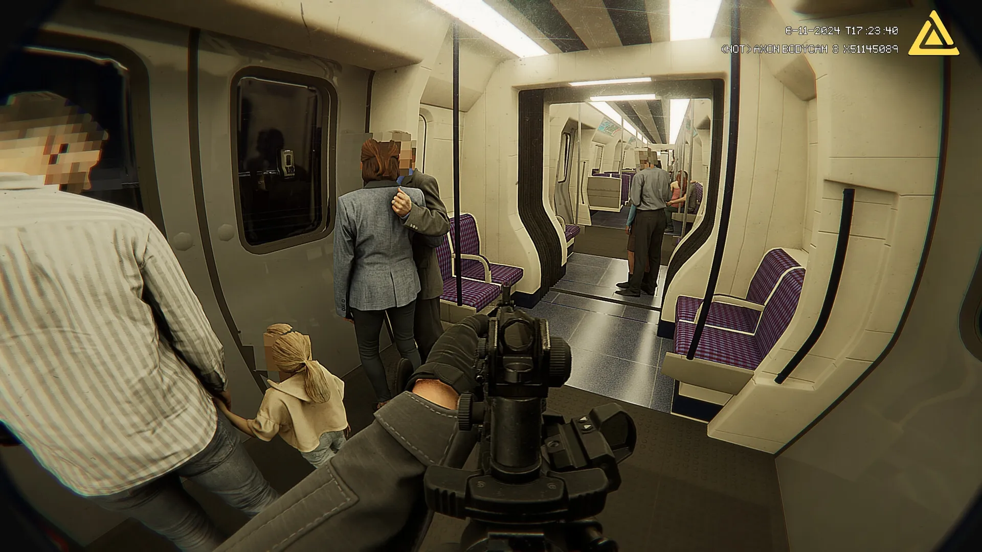 Fractured Mind: Bodycam view of armed character on dimly lit subway train with pixelated passengers