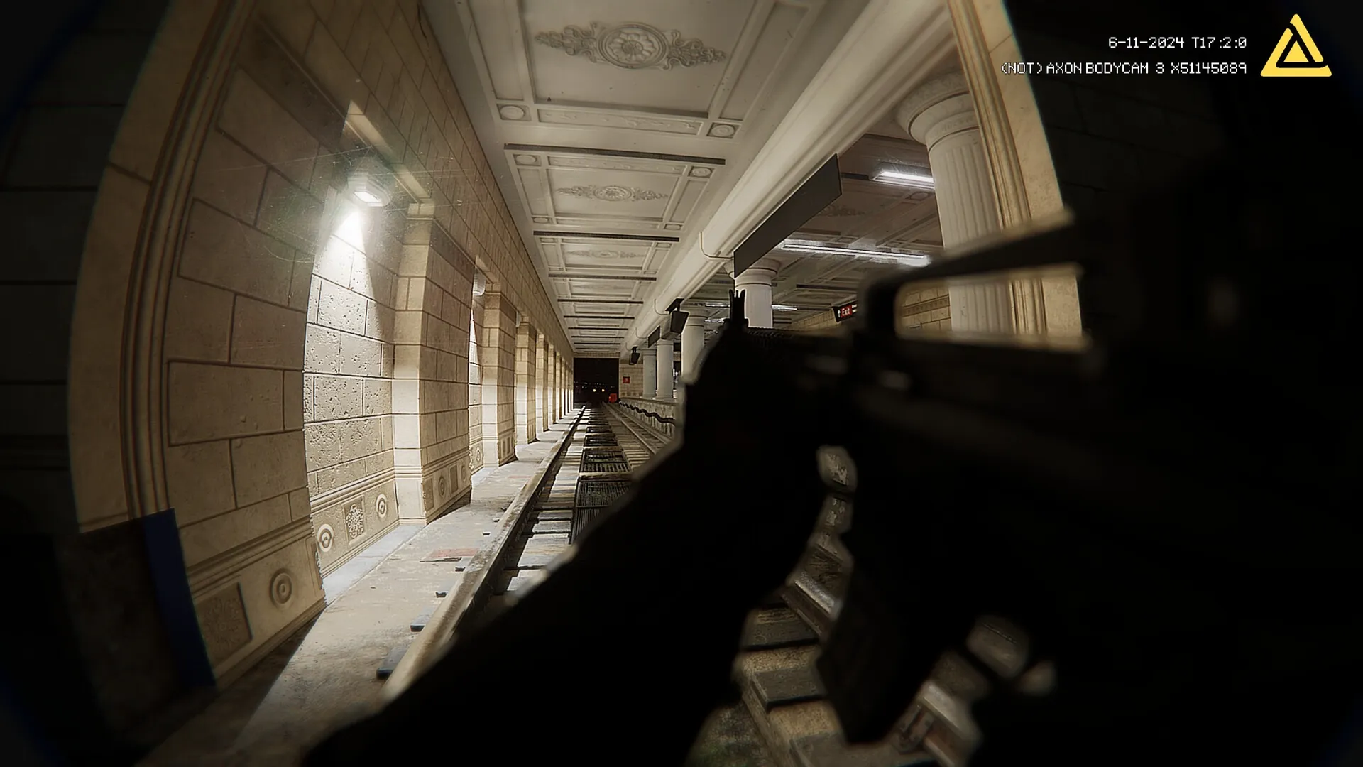 Fractured Mind: First-person view holding a weapon in a dimly lit, abandoned subway station corridor
