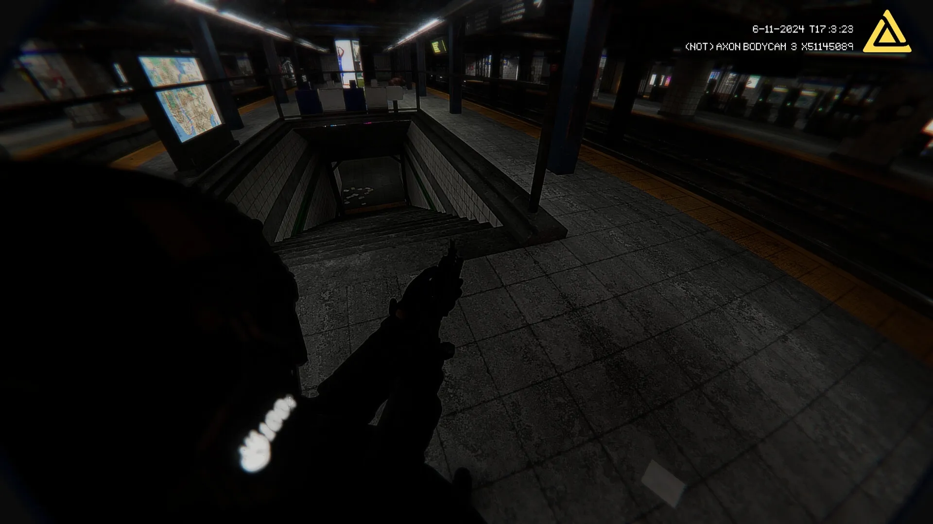 Fractured Mind: First-person view of dark subway station with player holding a weapon near stairs.