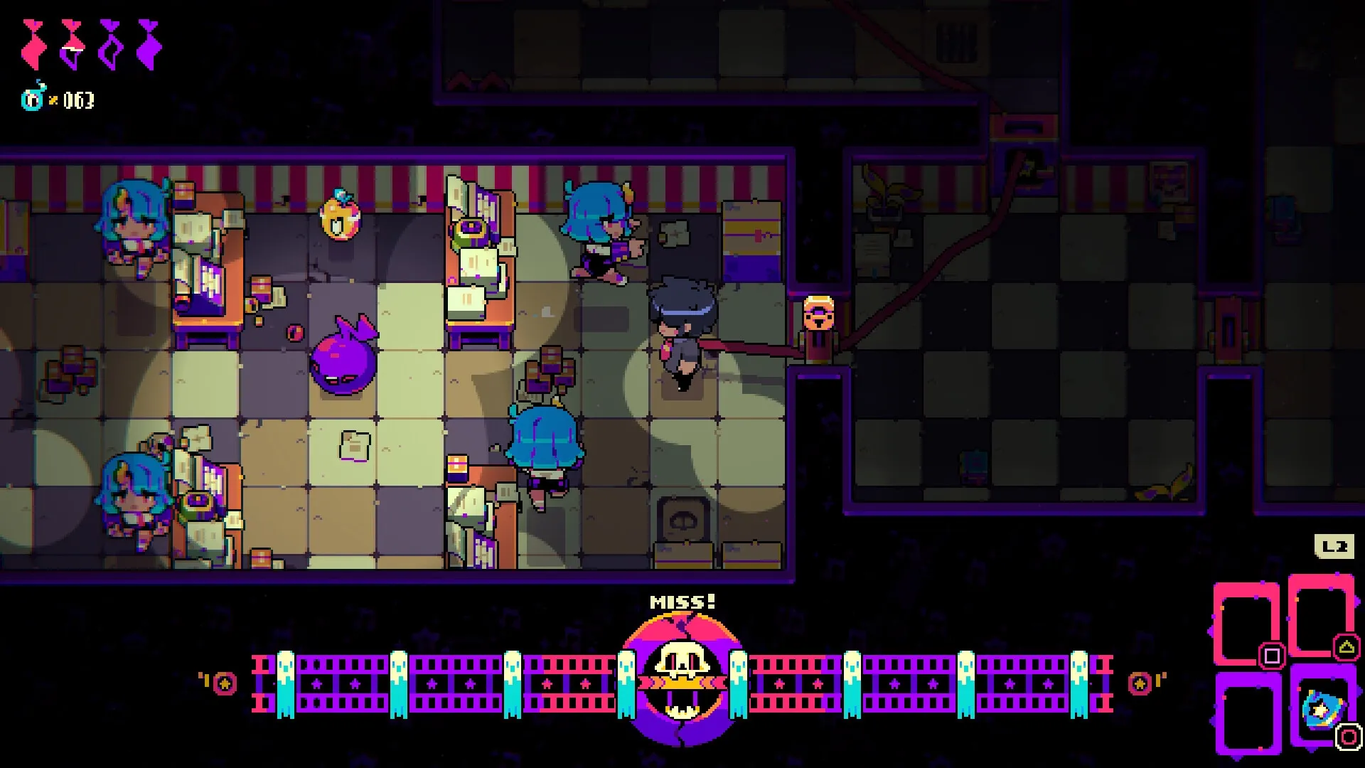 Freaked Fleapit: Player navigates a dungeon room with blue-haired characters and a rhythm-based HUD display.