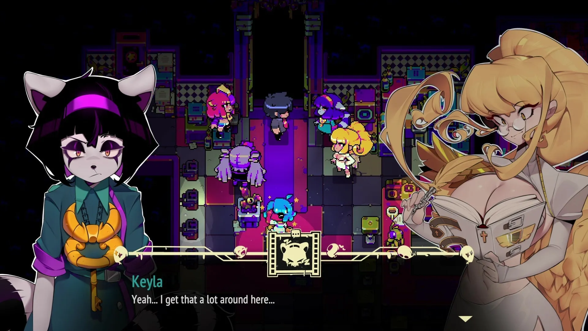 Freaked Fleapit: Keyla converses in a colorful dungeon room with vibrant characters and mystical vibes.