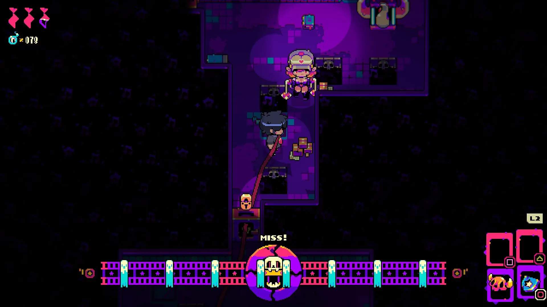Freaked Fleapit: Player dodges attacks in a neon-lit dungeon with health and rhythm bars visible