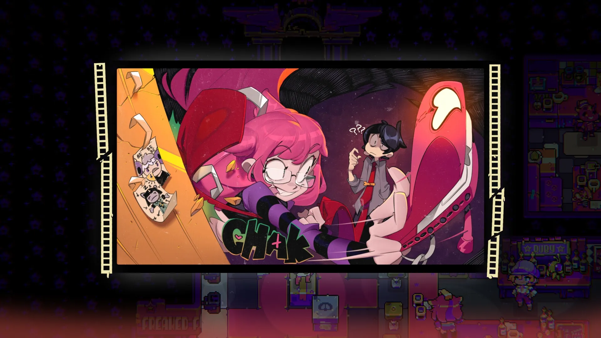 Freaked Fleapit: Cartoon character with pink hair and glasses grins, surprising another character in fear.