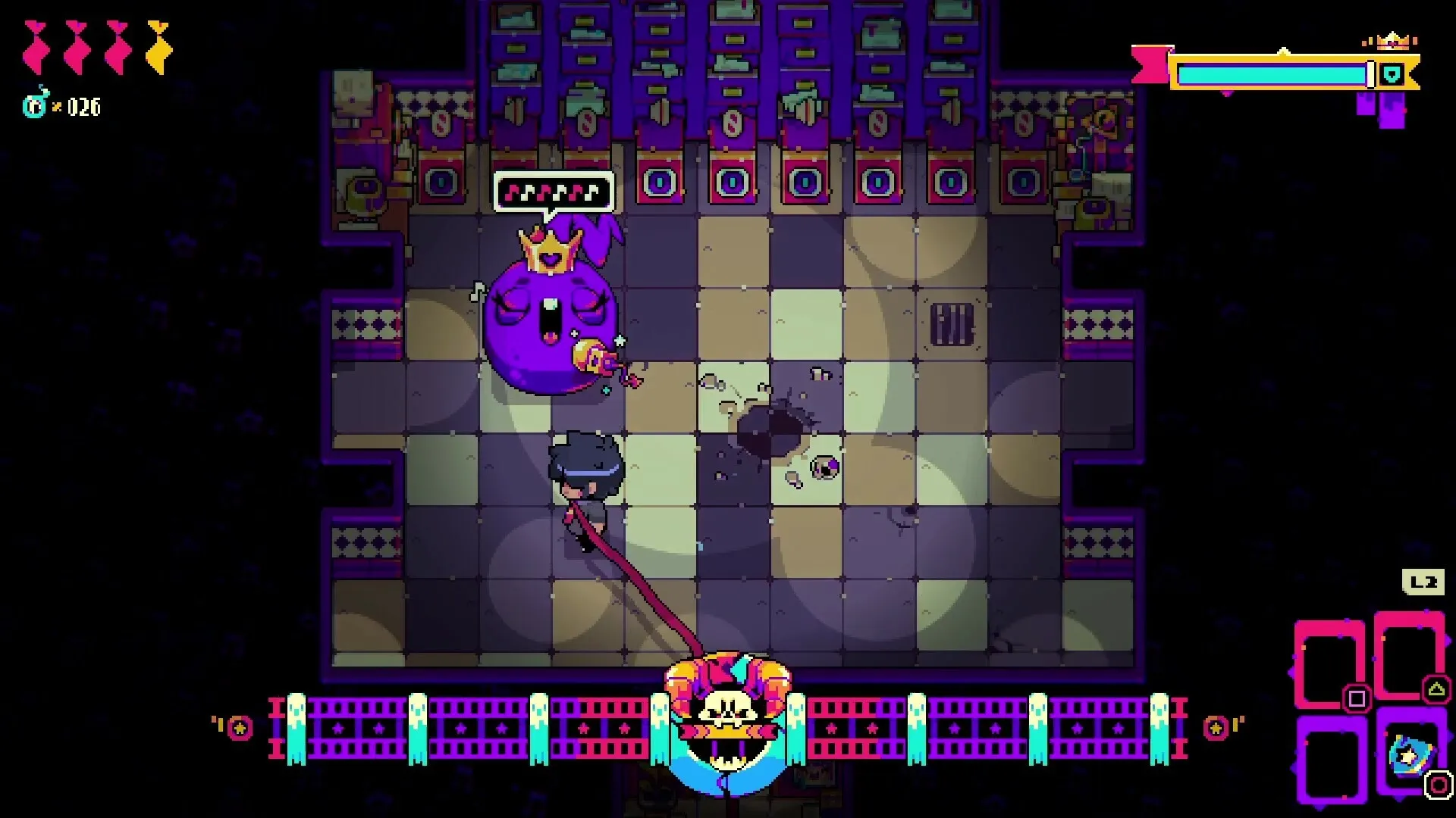 Freaked Fleapit: Player battles large purple creature in a checkered dungeon room with UI elements displayed.