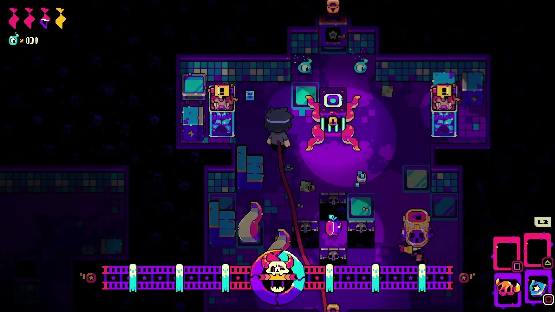 Freaked Fleapit: Player facing a neon boss creature in a colorful dungeon room with various UI elements.