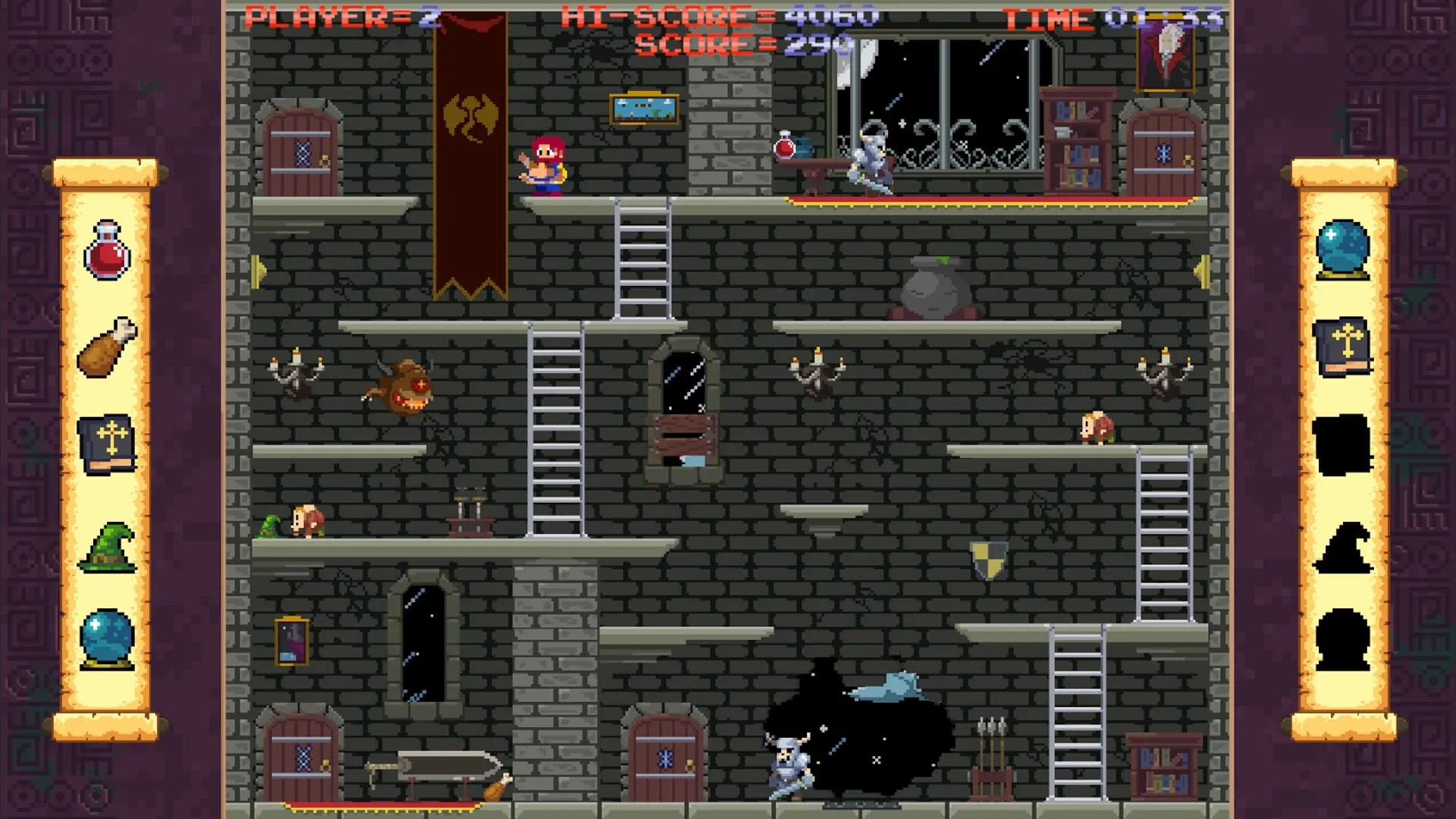 Freddy Farmer: Navigating multi-level castle with ladders, enemies, and potion inventory on screen sides
