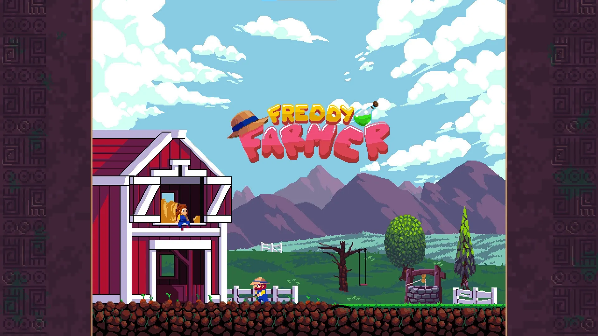 Freddy Farmer: Freddy standing by barn with mountains in background, game title in sky above