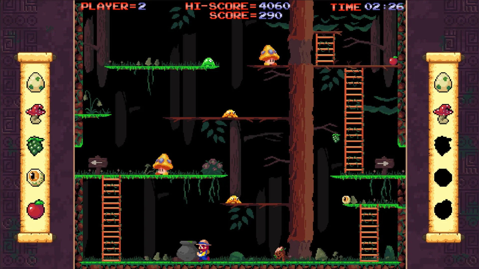 Freddy Farmer: Navigating forest platforms with ladders, collecting ingredients, UI showing items needed