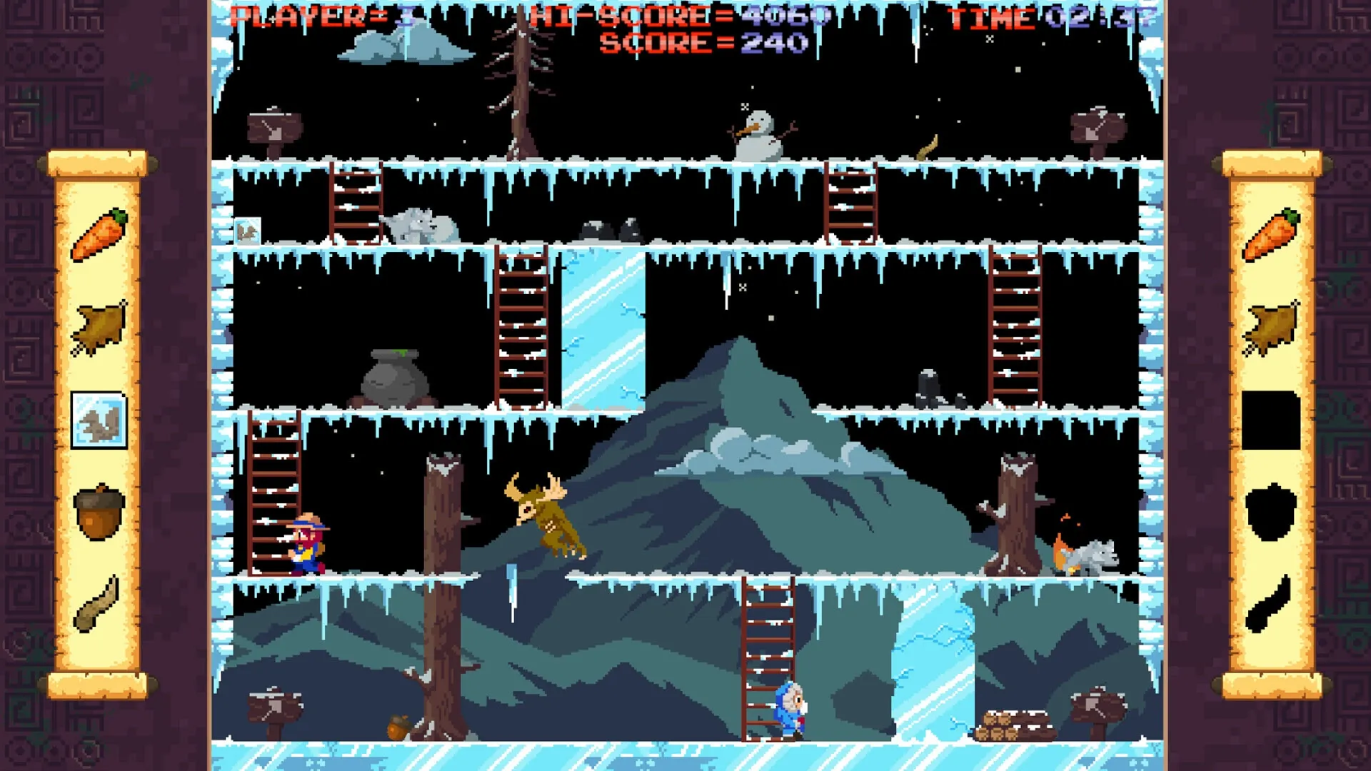 Freddy Farmer: Navigating icy platforms with ladders and snowmen, collecting items for a magic potion