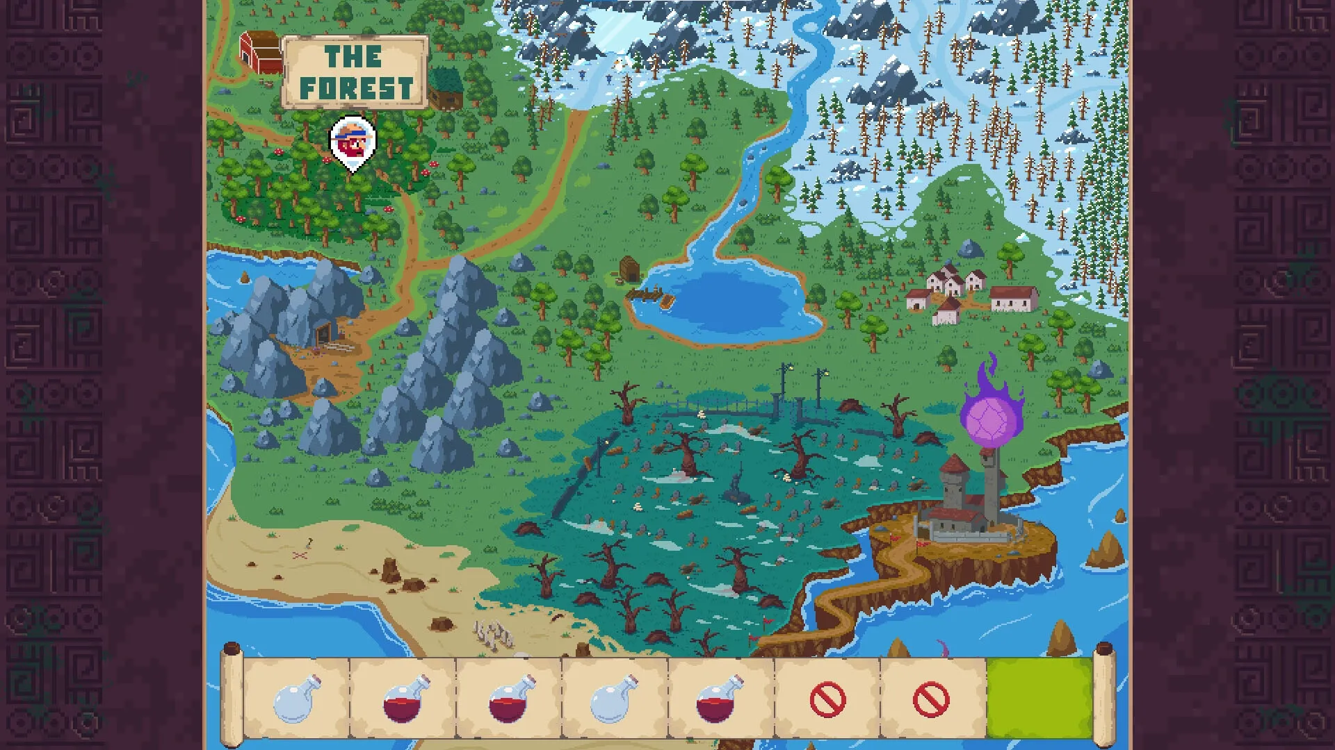 Freddy Farmer: Overworld map with highlighted forest area, potion inventory at bottom of screen