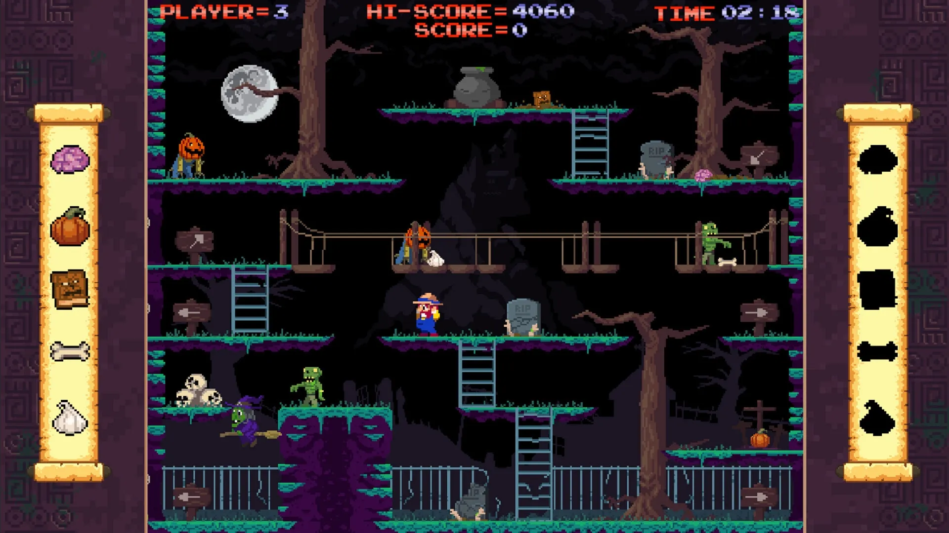 Freddy Farmer: Navigating a haunted forest level with ladders, enemies, and ingredient collection list.