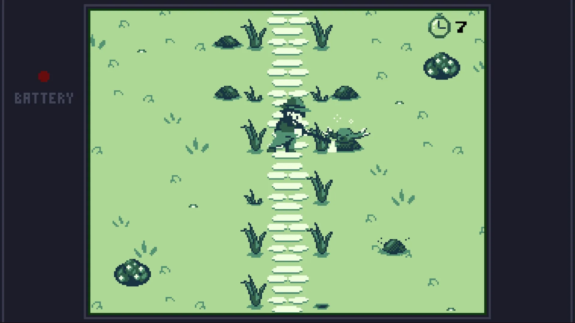 Freddy Farmer: Battling a creature on a grassy path with timer and battery indicators visible