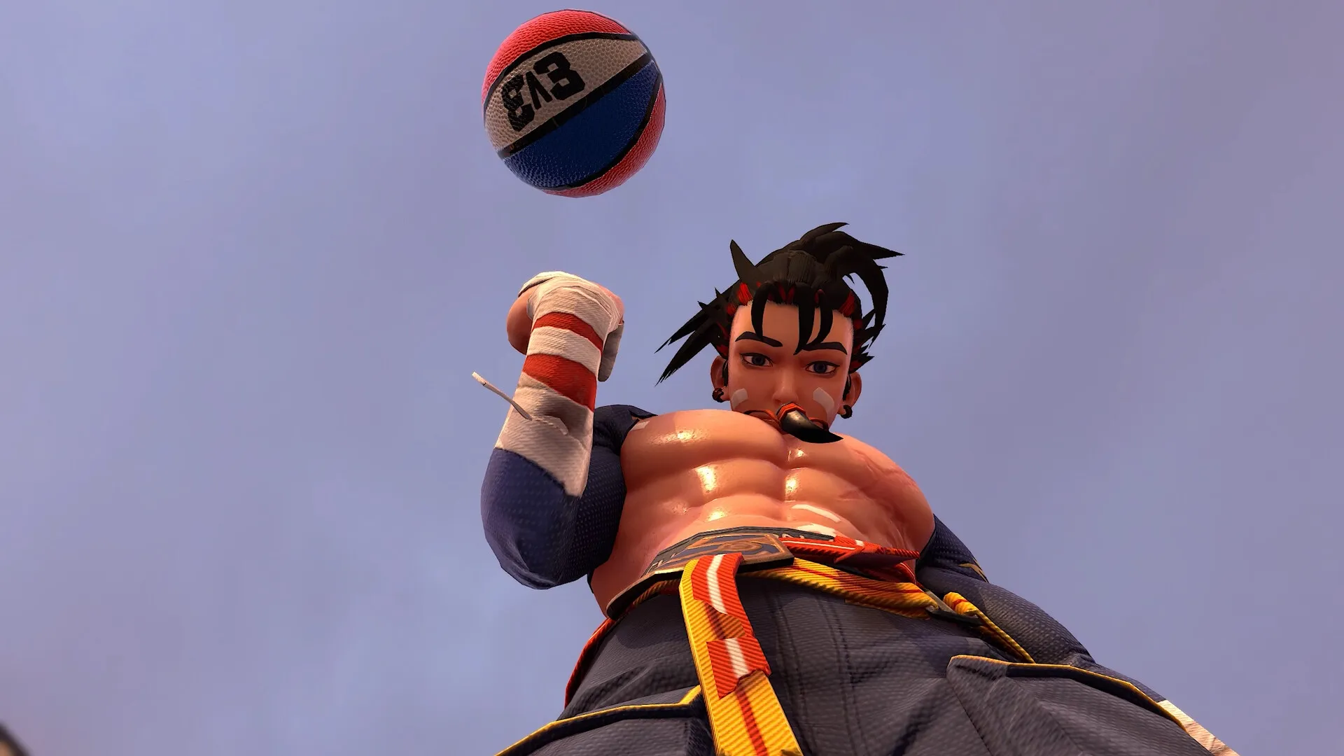 FREE DUNK: Dynamic low-angle view of a character spinning basketball on finger against clear sky background