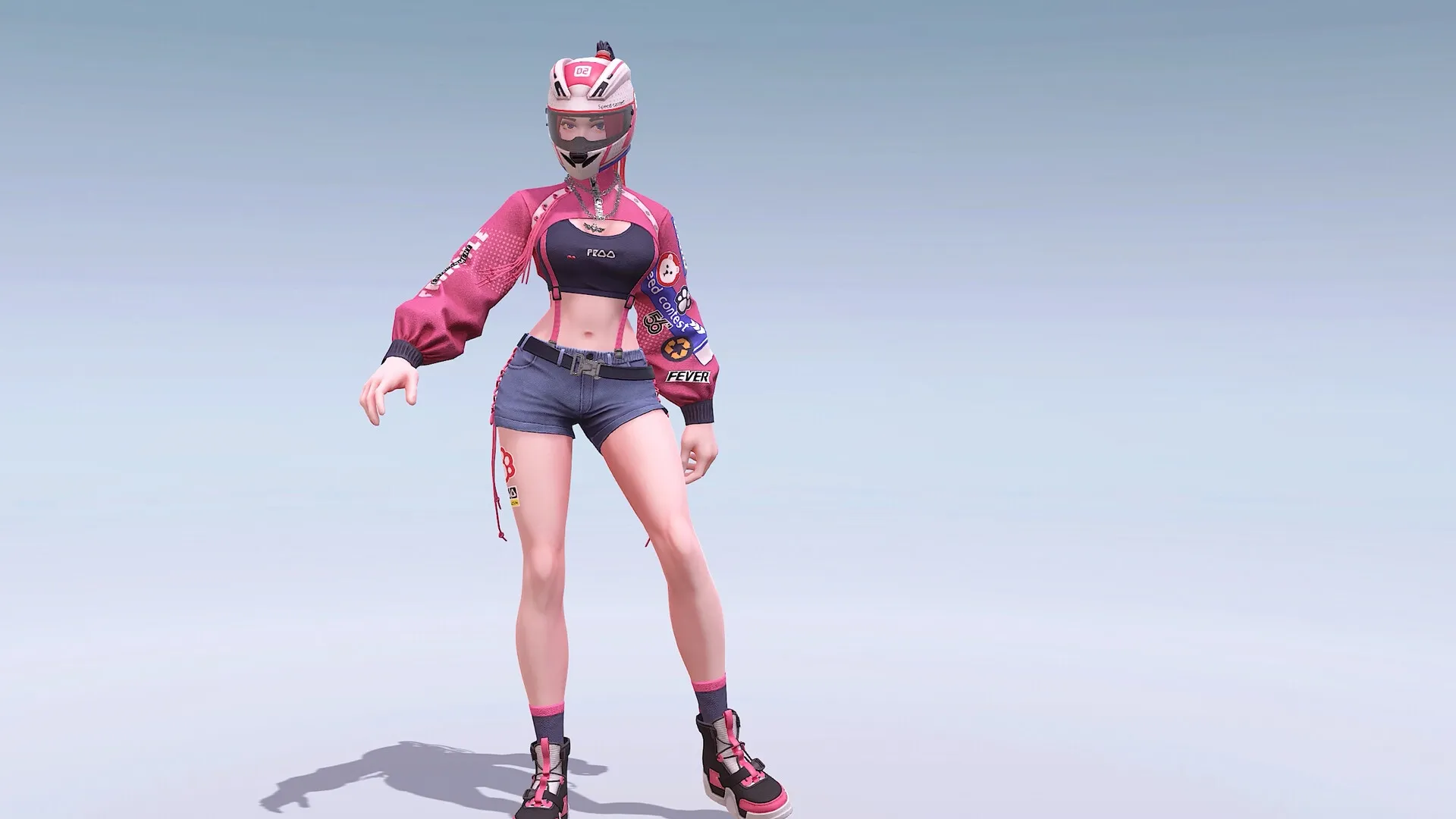FREE DUNK: Female character in stylish outfit and helmet stands confidently in a minimalist setting
