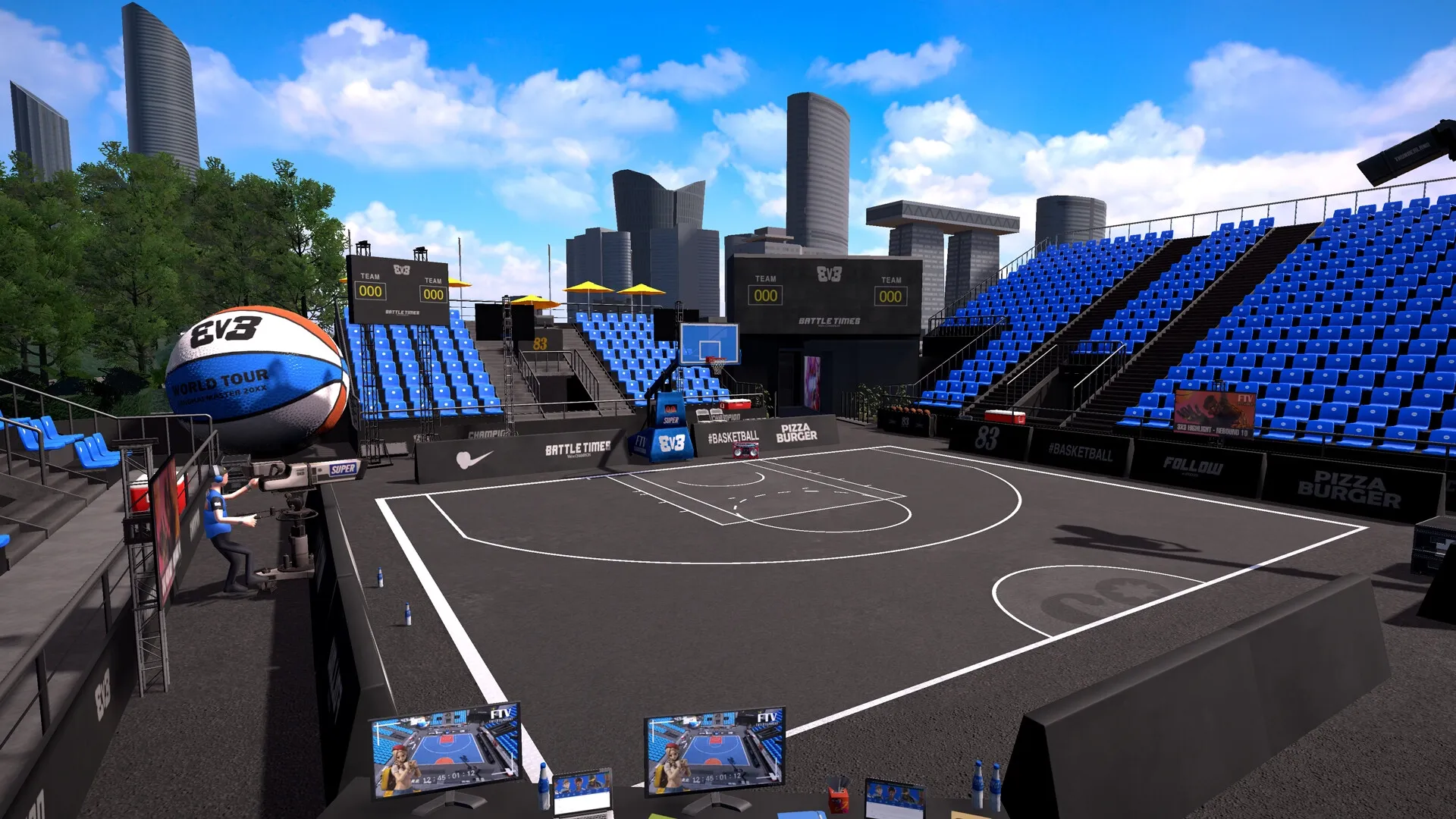 FREE DUNK: Empty street basketball court with blue seats, digital scoreboard, and city skyline backdrop