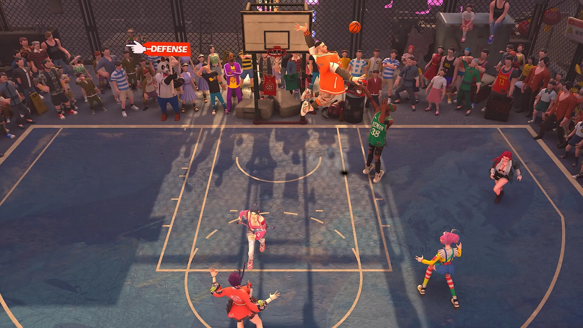 FREE DUNK: Player in orange jersey leaps for dunk, crowd cheers, and defense alert appears on street court.