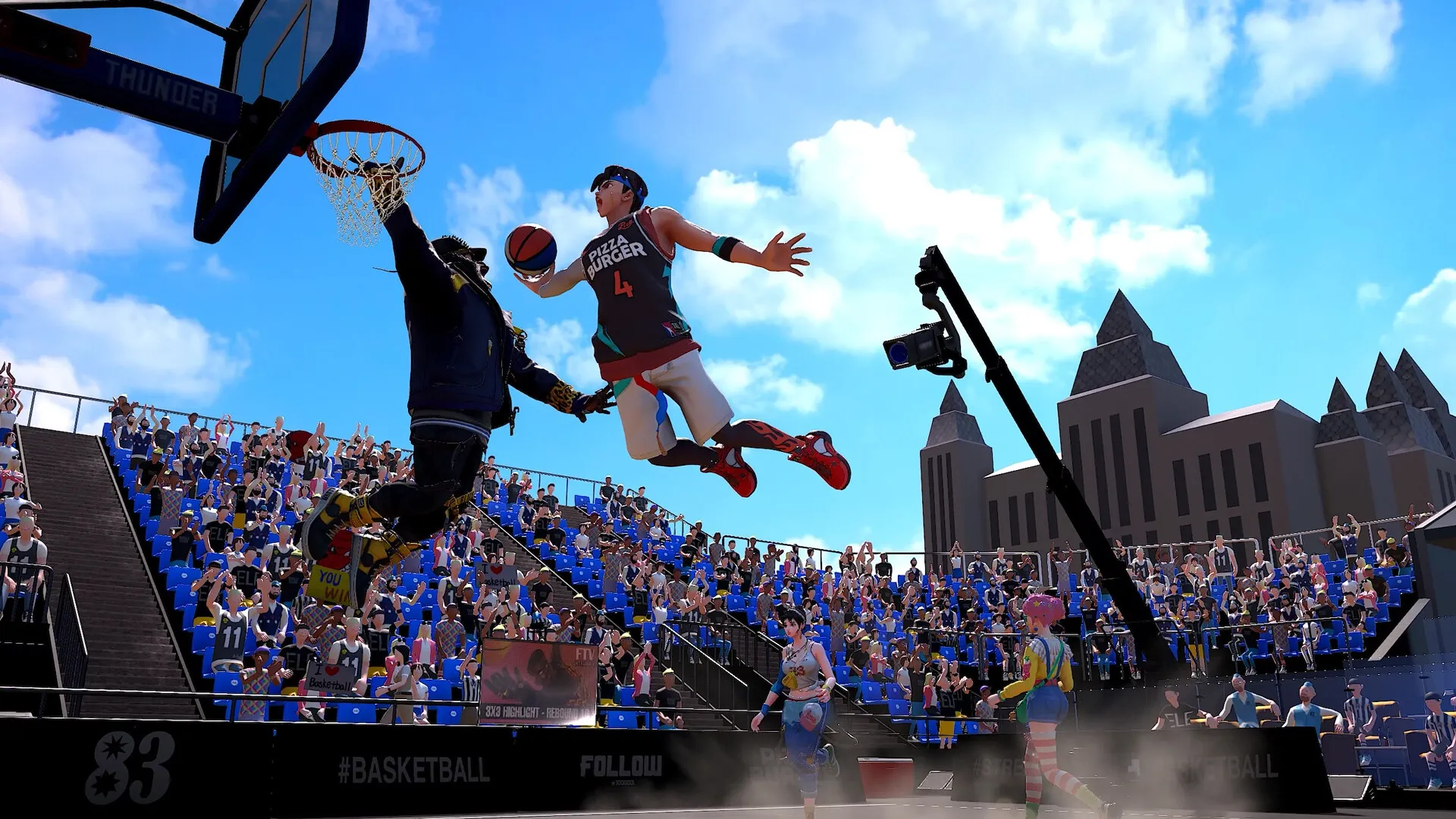 FREE DUNK: Player in mid-air dunk against defender in vibrant streetball arena with cheering crowd