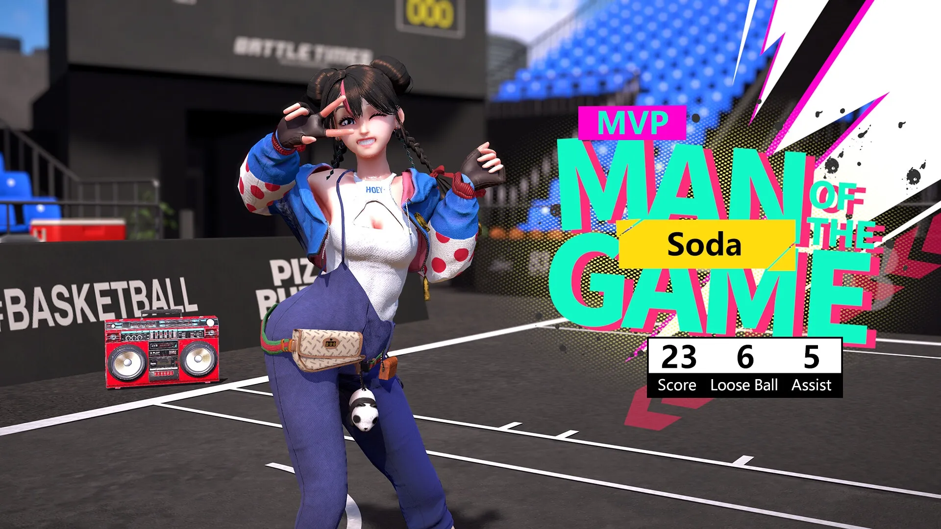 FREE DUNK: Player "Soda" celebrates MVP title on a vibrant street basketball court with score stats.