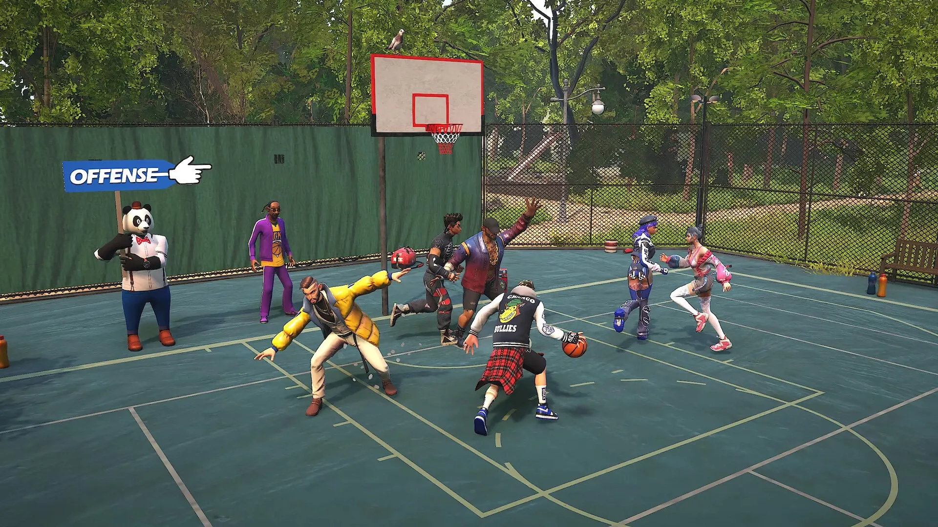 FREE DUNK: Players in dynamic action on an outdoor basketball court with a panda mascot signaling offense