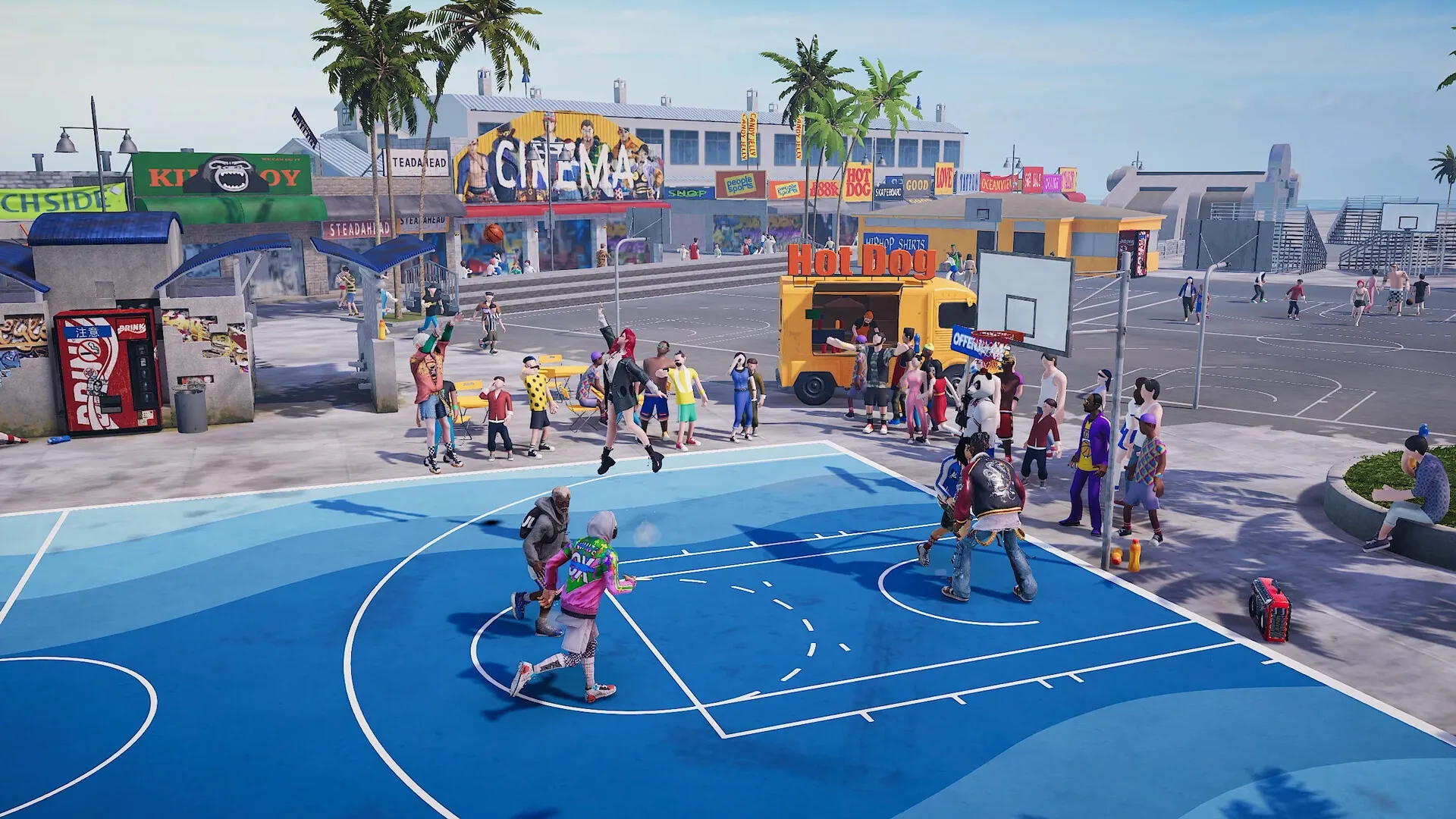 FREE DUNK: Two players mid-air during intense street basketball game with vibrant urban backdrop