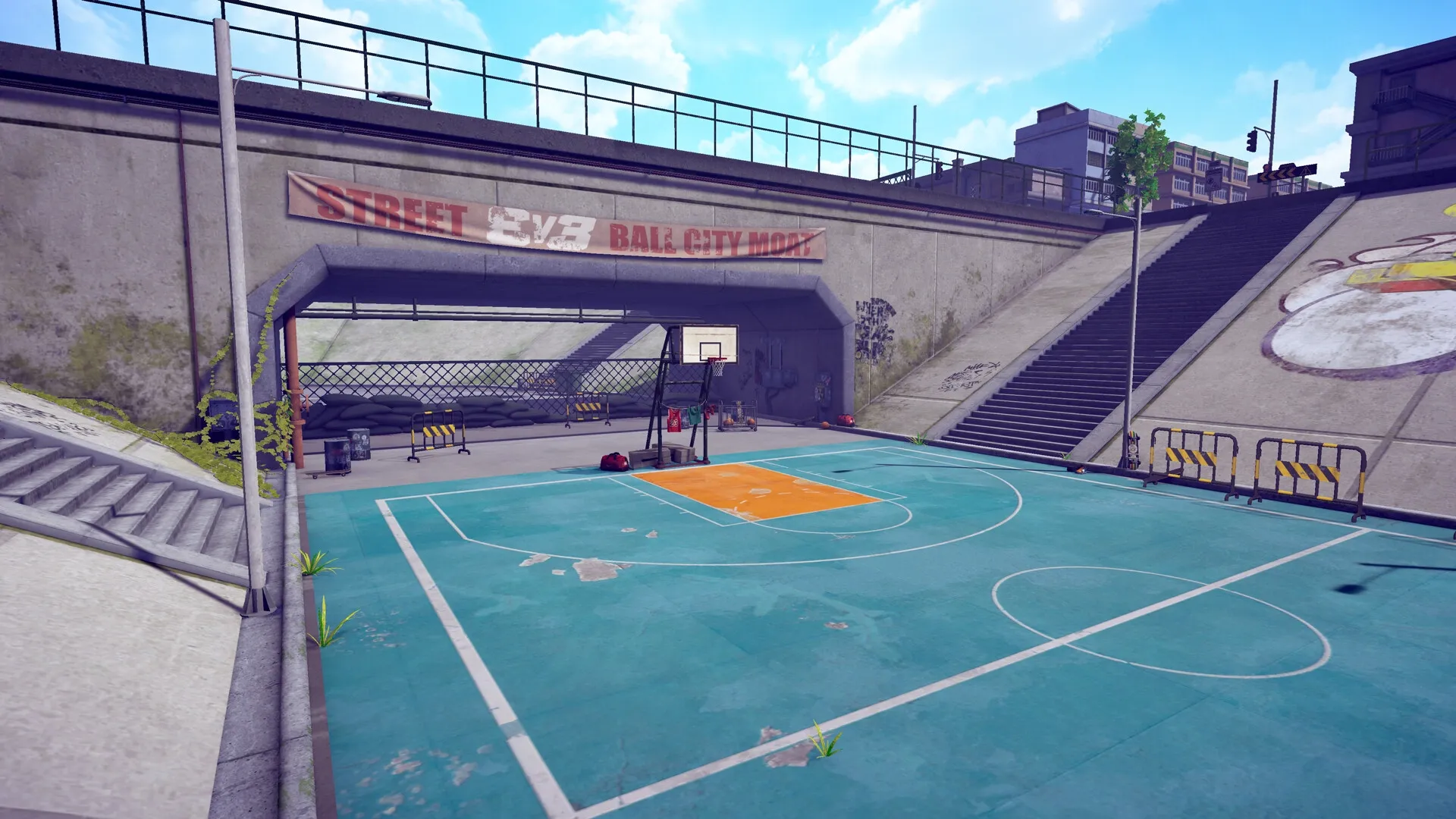 FREE DUNK: Empty urban basketball court with graffiti, hoops, and stairs under a clear blue sky.