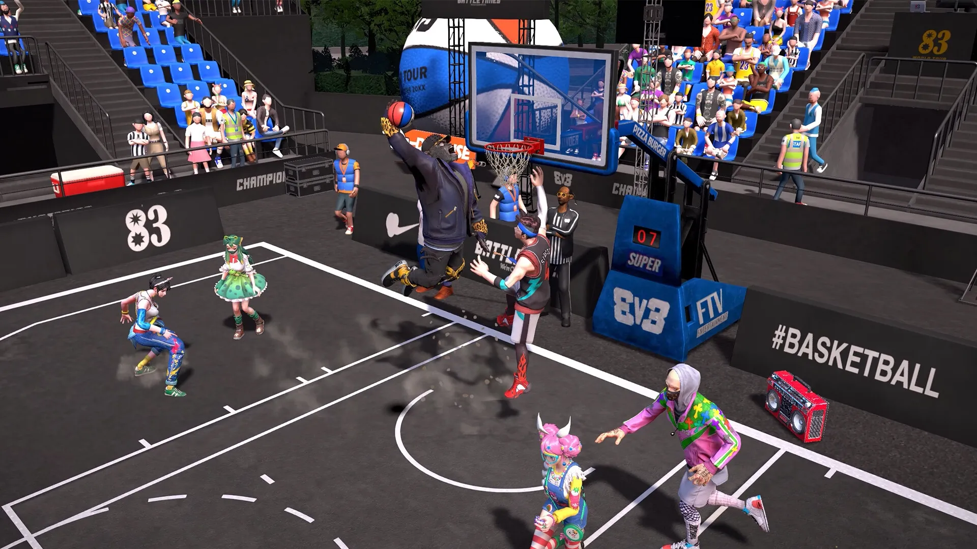 FREE DUNK: Player executes a slam dunk in vibrant street court with cheering crowd and colorful outfits.
